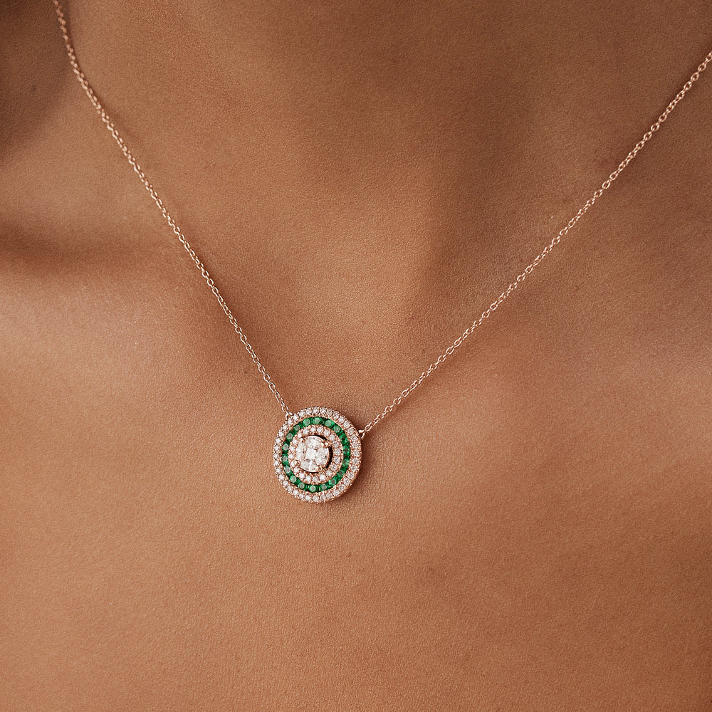 OBFJ1044 - 14K Gold Round Diamond Emerald Necklace 2