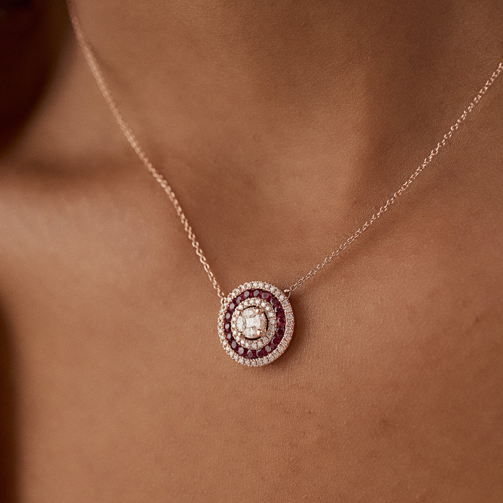 OBFJ1043 - 14K Gold Round Diamond Ruby Necklace 2