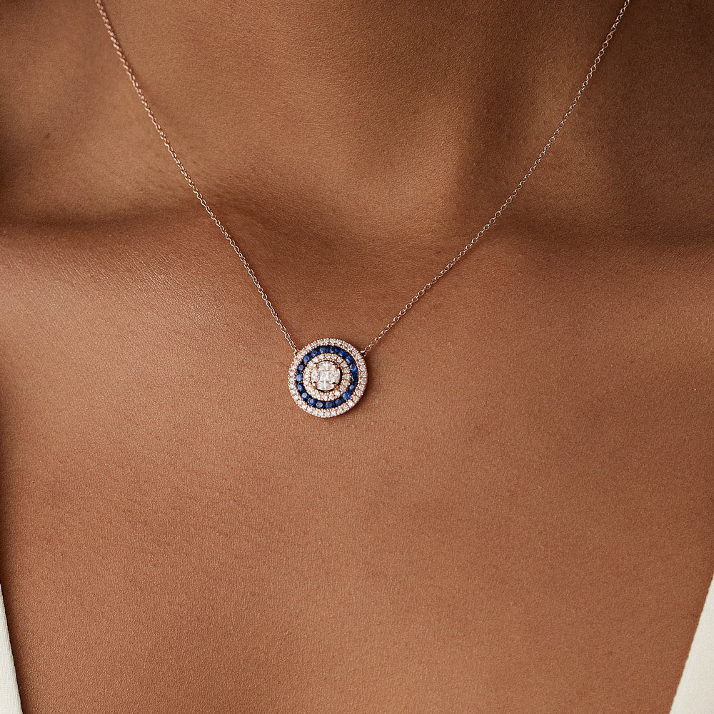 OBFJ1042 - 14K Gold Round Diamond Sapphire Necklace 4