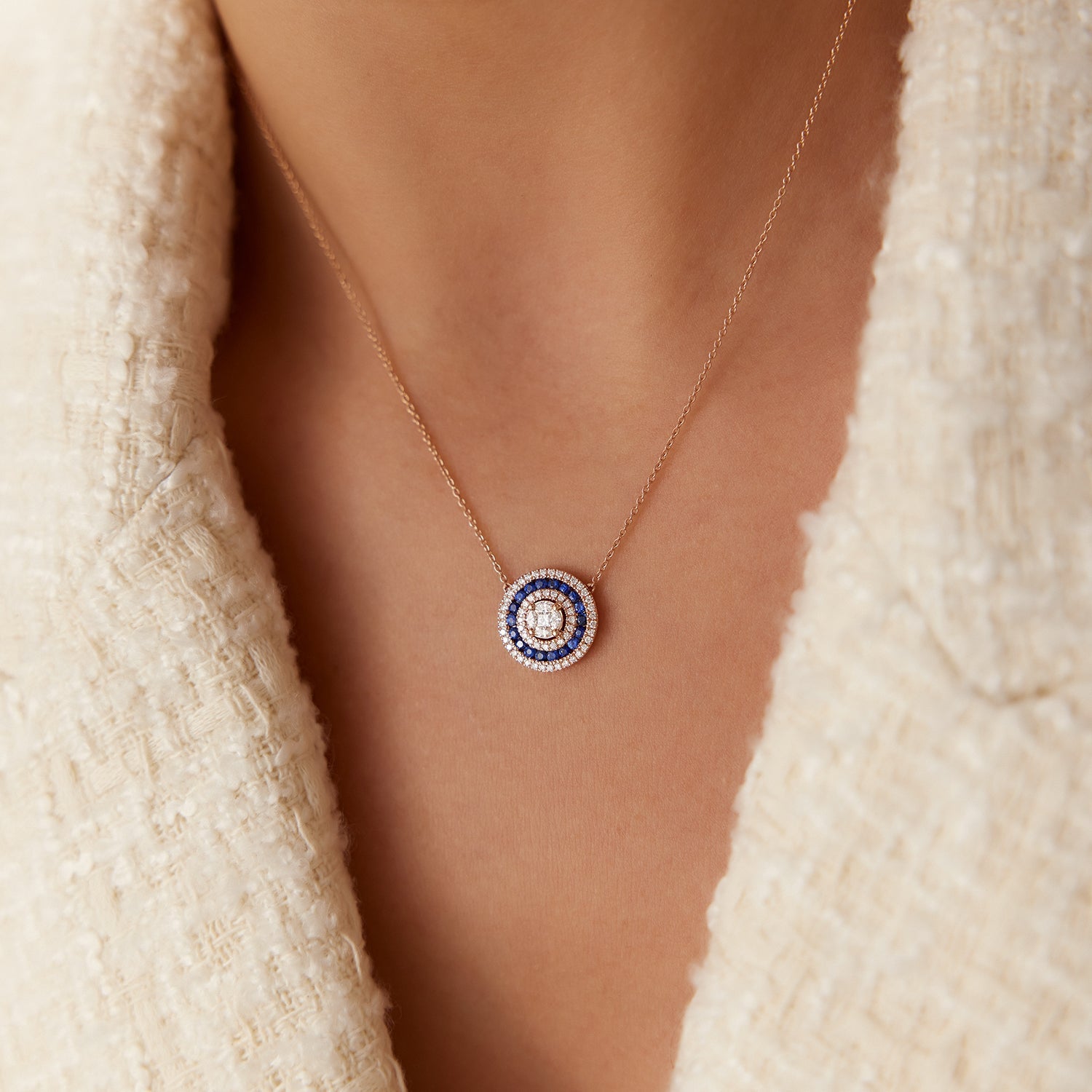 OBFJ1042 - 14K Gold Round Diamond Sapphire Necklace 2