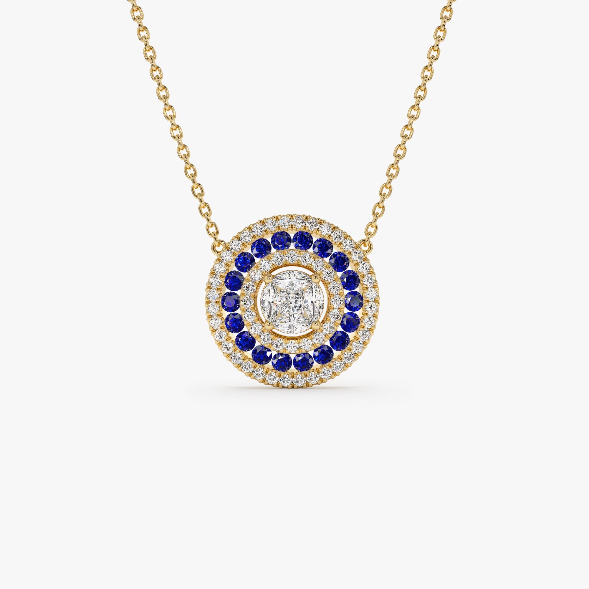 OBFJ1042 - 14K Gold Round Diamond Sapphire Necklace 1