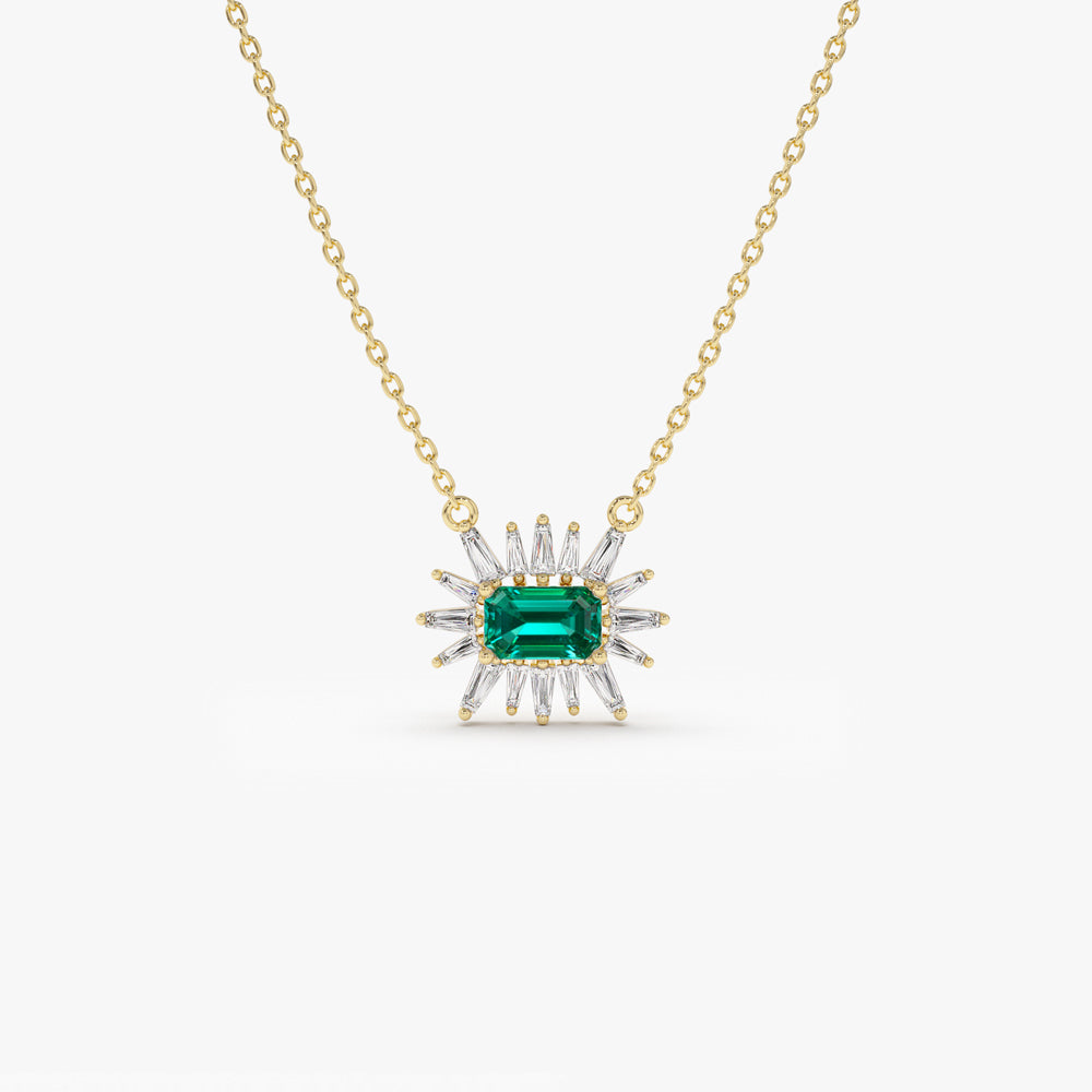 OBFJ1529 - 14k Tapered Baguette Diamond & Emerald Necklace 1