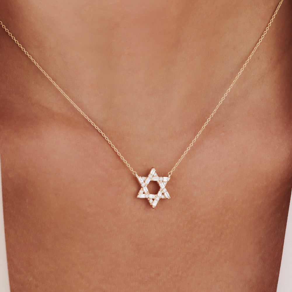 OBFJ2235 - Baguette Diamond Star of David Necklace in necklace in selectable metal and diamond options - Roselle Jewelry view 3