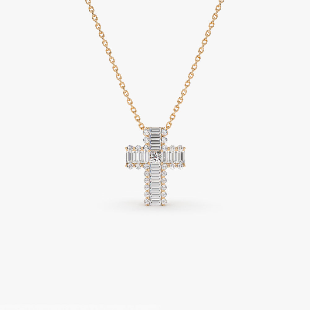 OBFJ0104 - 14k Rose Unique Cross with Baguettes and Round Diamonds 1