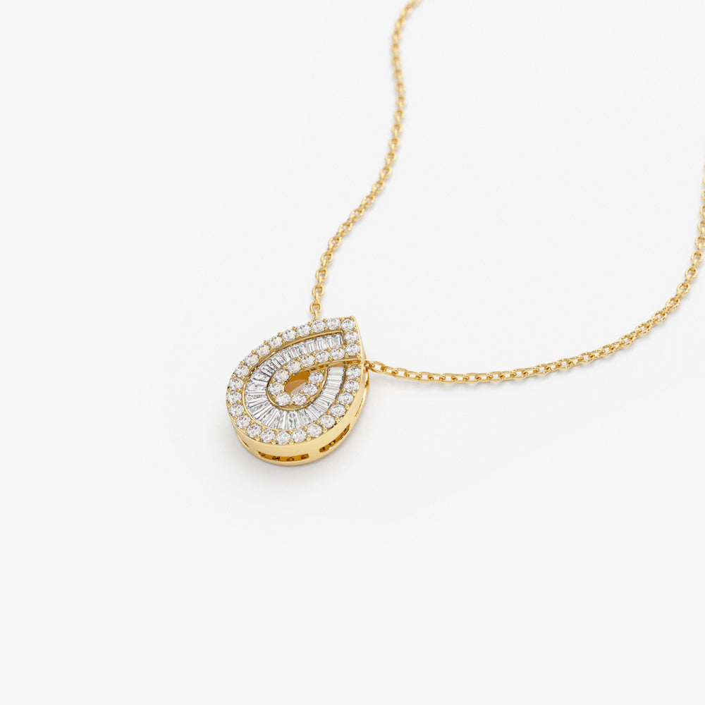 OBFJ1457 - 14k Teardrop Shape Baguette and Round Diamond Statement Necklace 7