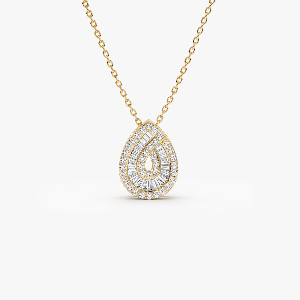 OBFJ1457 - 14k Teardrop Shape Baguette and Round Diamond Statement Necklace 1