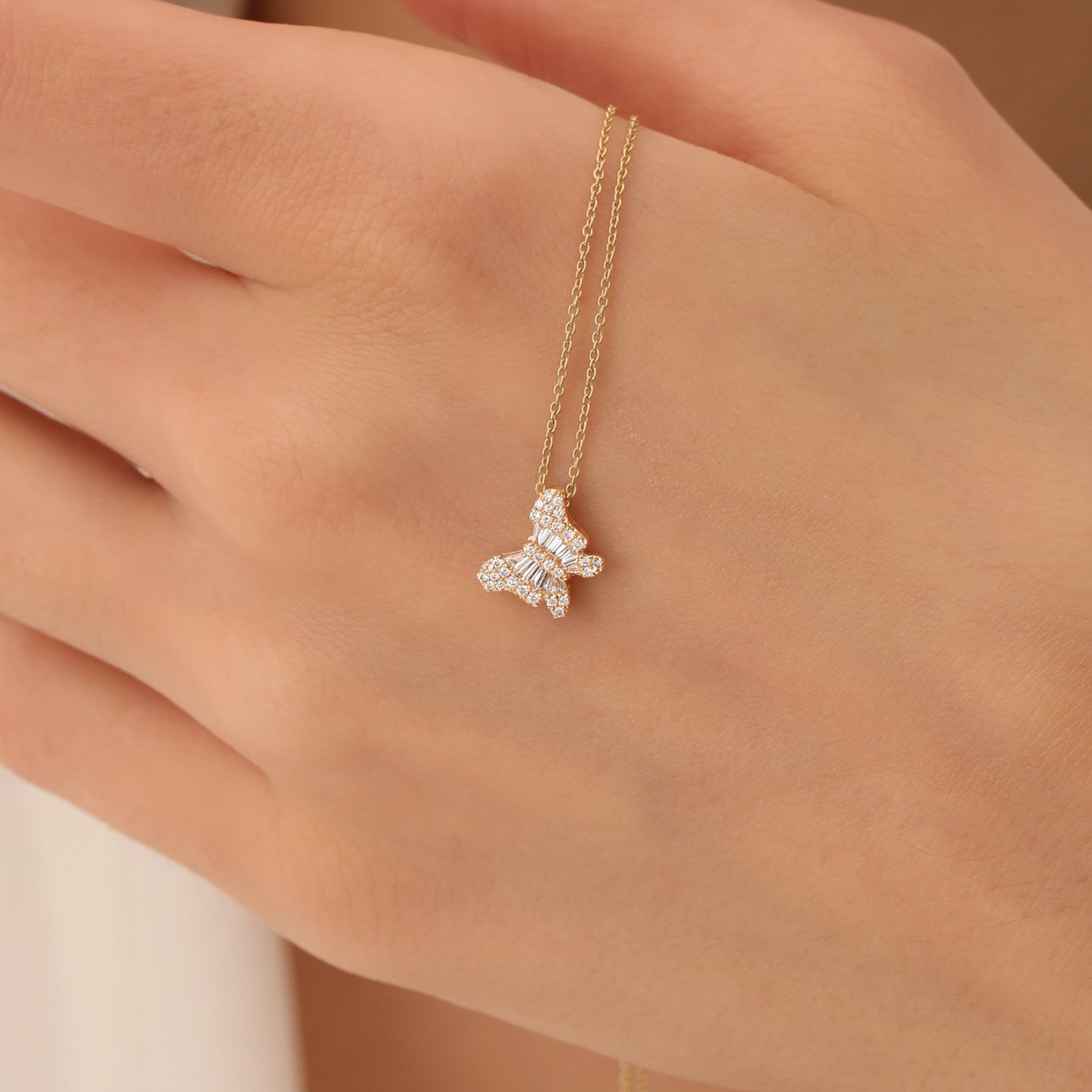 OBFJ1460 - 14k Baguette Diamond Butterfly Necklace 4