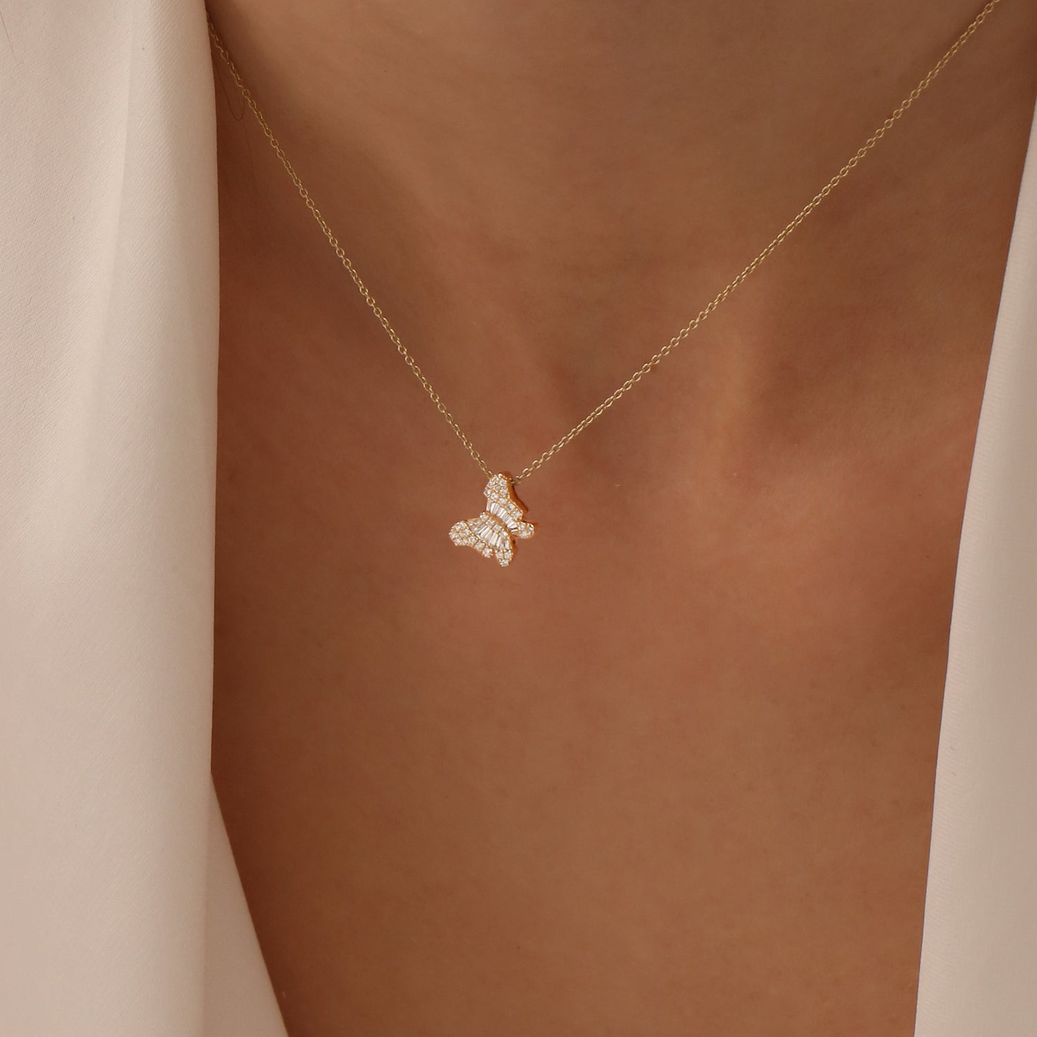 OBFJ1460 - 14k Baguette Diamond Butterfly Necklace 3