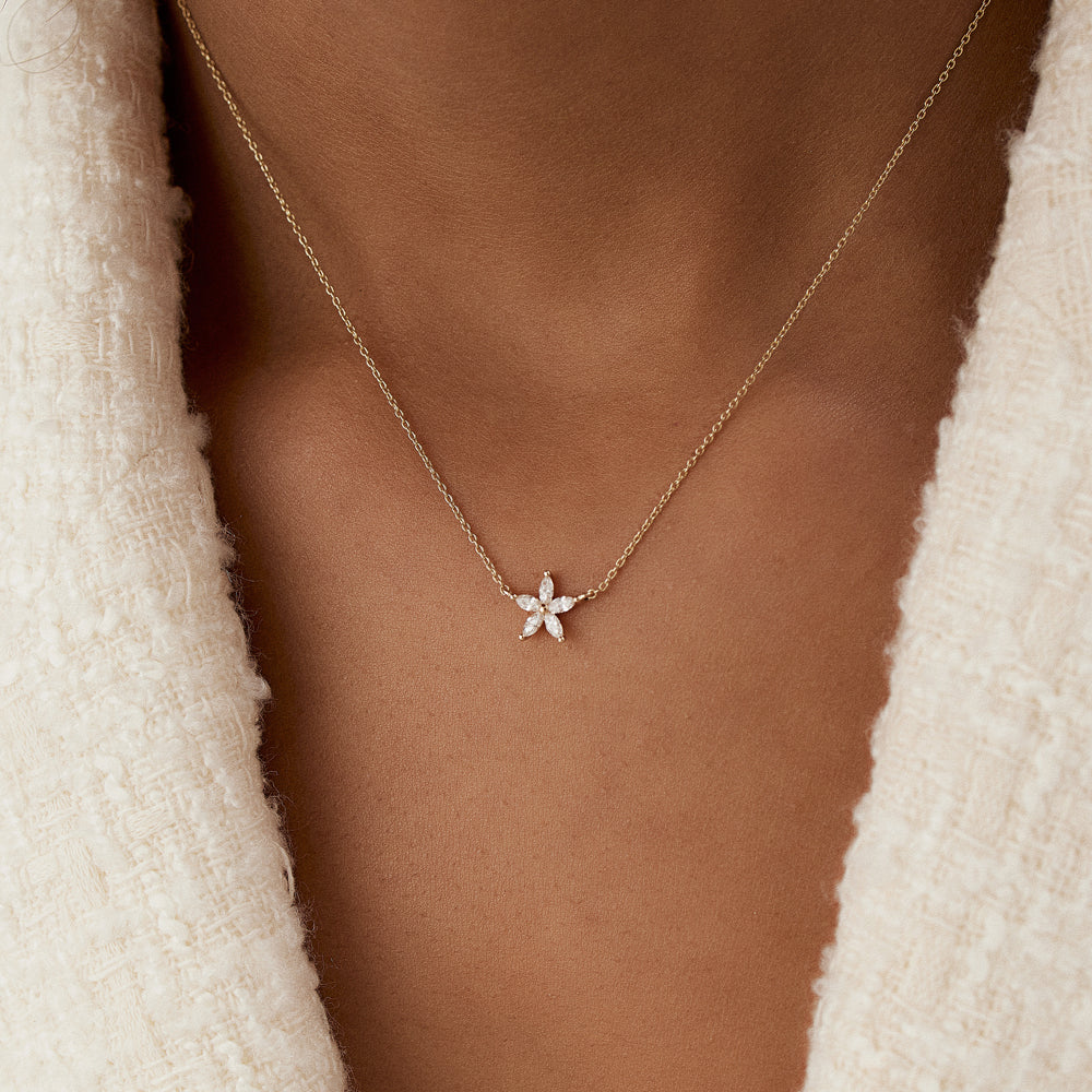 OBFJ1497 - 14k Marquise Shaped Diamond Flower Design Necklace 3