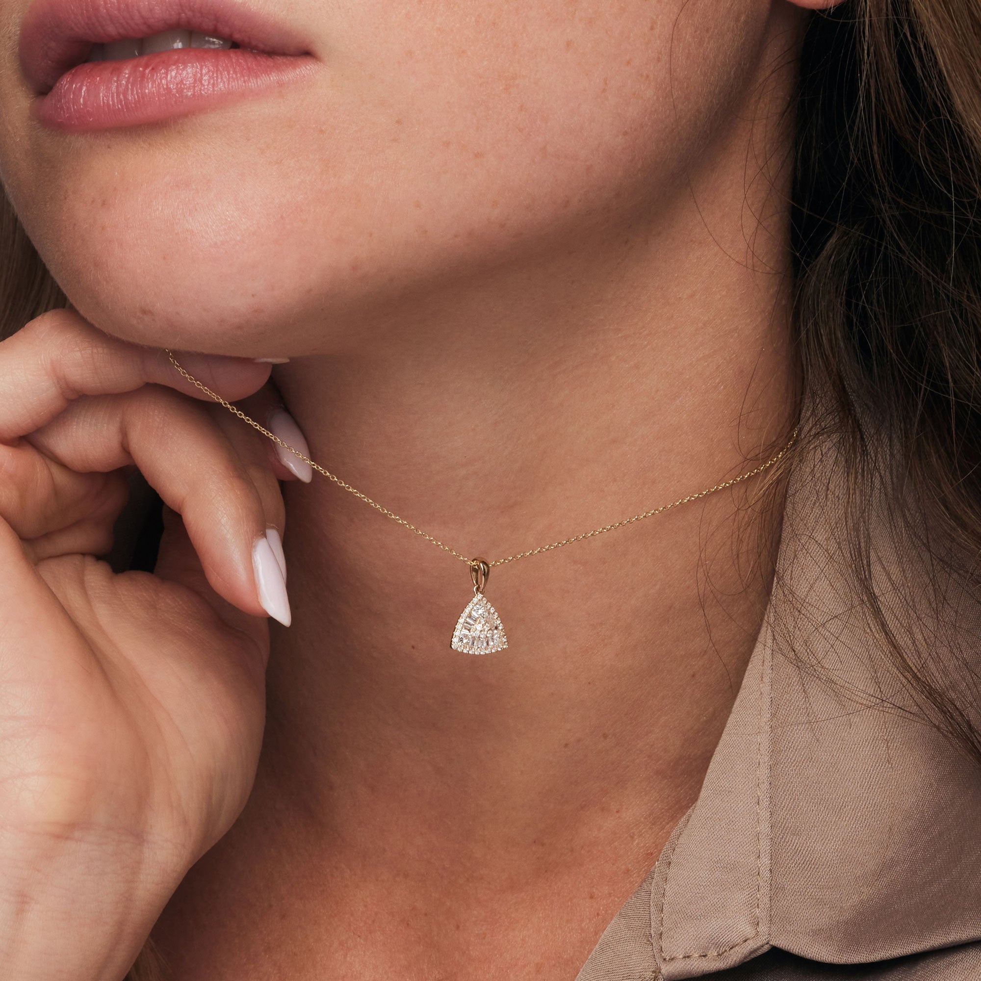 OBFJ1188 - 14K Triangle Baguette Diamond Cluster Necklace 2