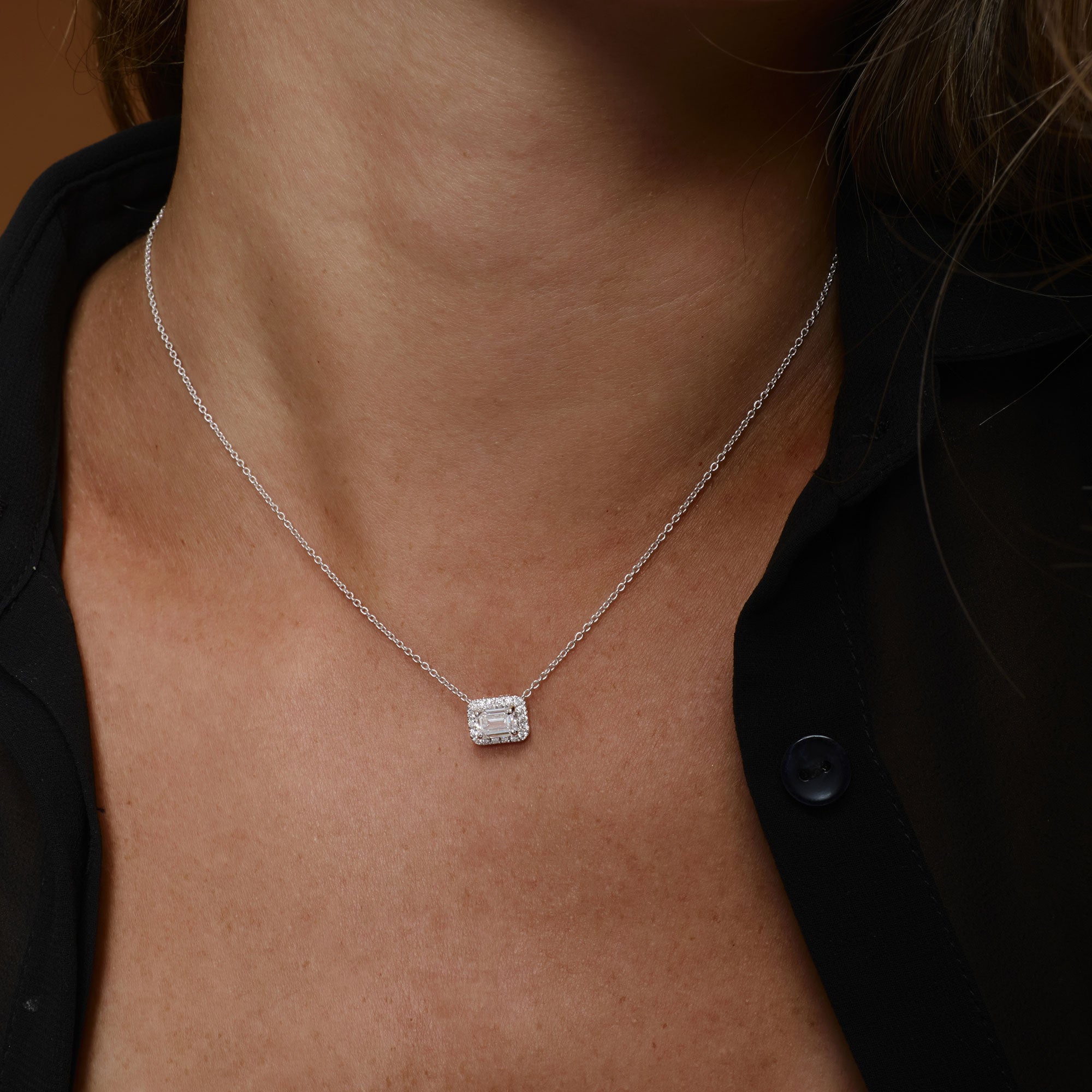 OBFJ1364 - 0.90 ctw 14K Halo Setting Emerald Cut Lab Grown Diamond Necklace - Taylor 5