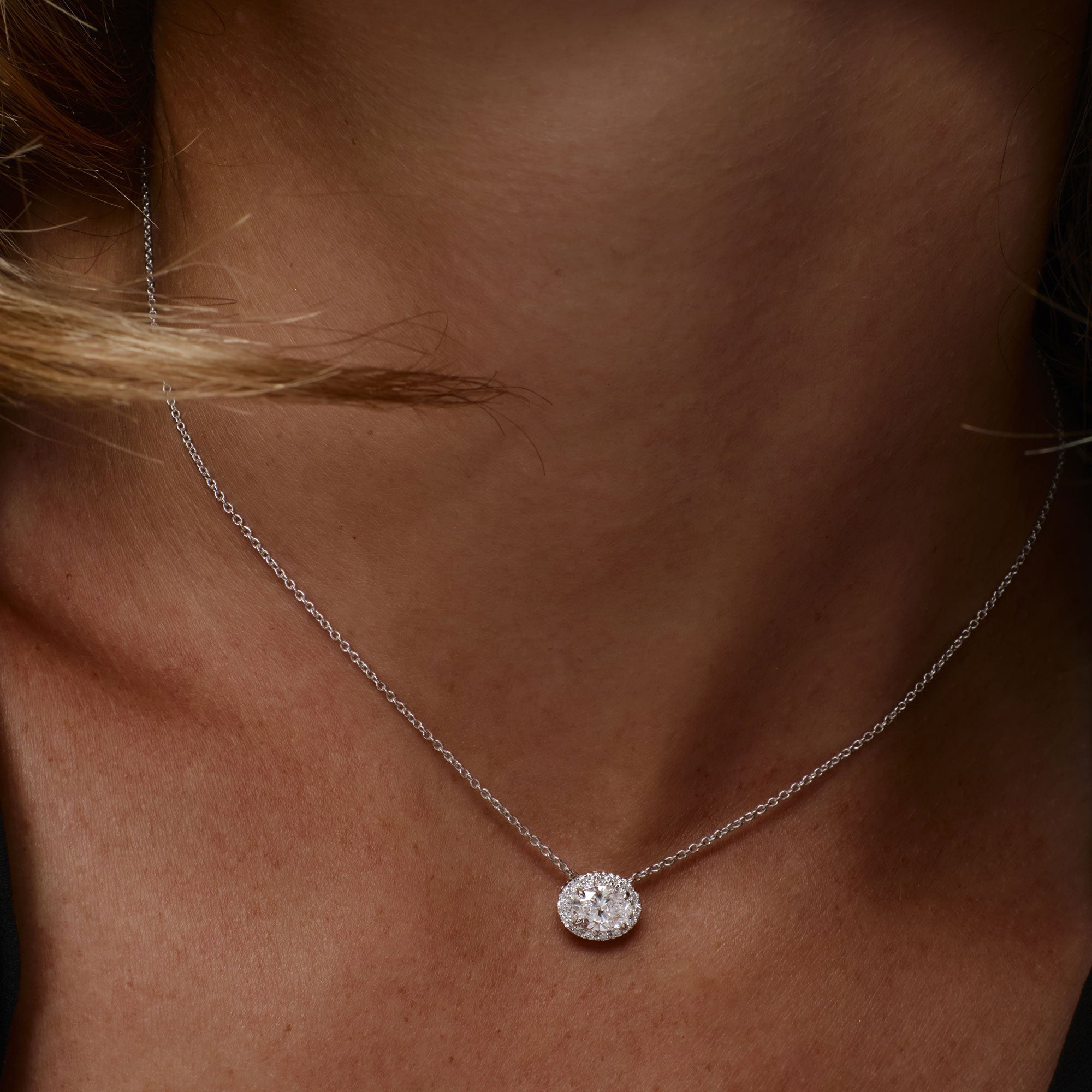 OBFJ1363 - 0.90 ctw 14K Halo Setting Oval Cut Lab Grown Diamond Necklace - Amy 3