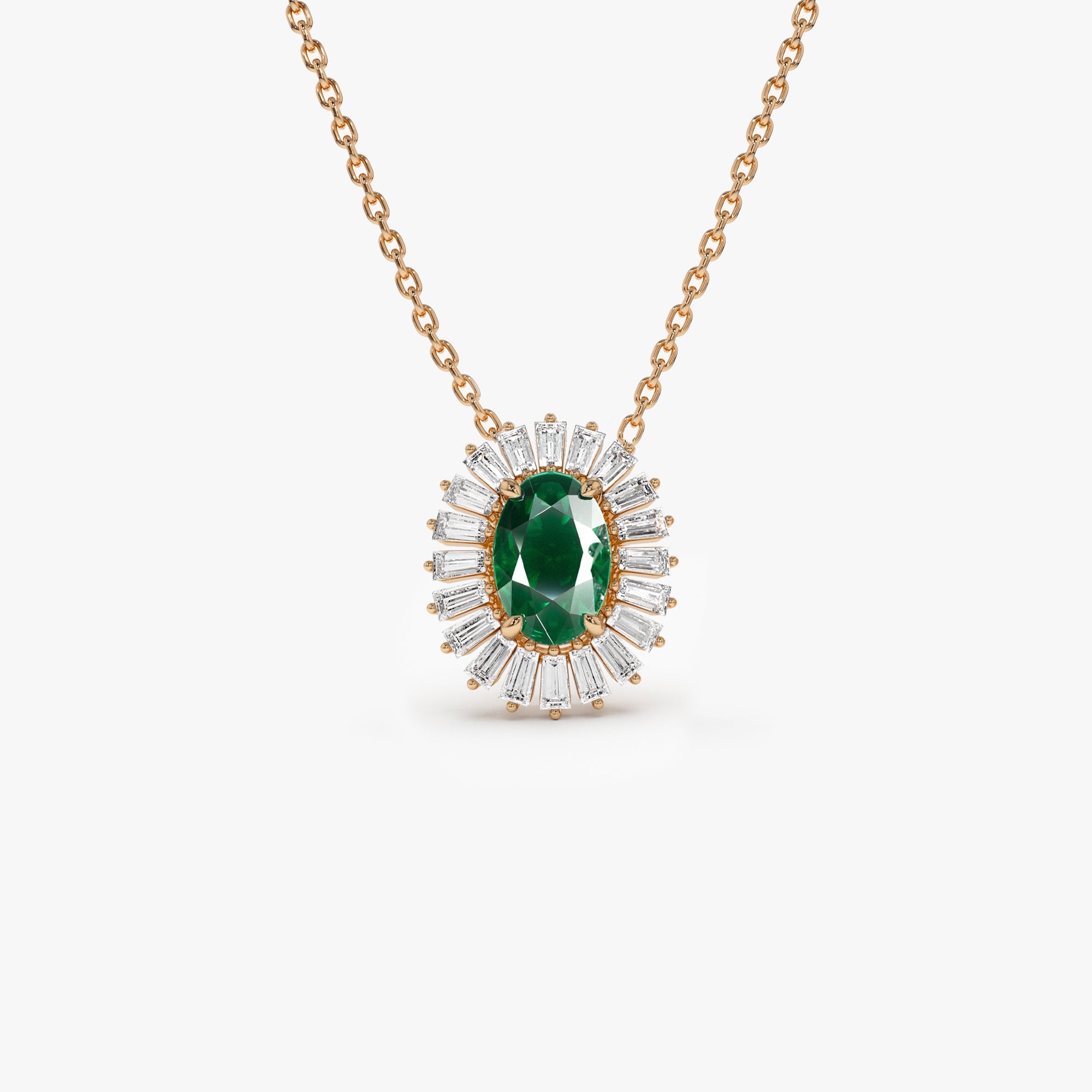 OBFJ1206 - 14k Oval Shape Emerald with Baguette Halo Setting Necklace 5