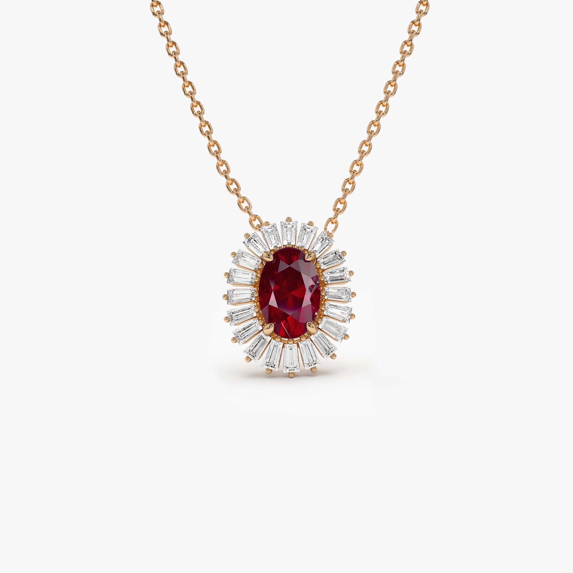 OBFJ1183 - 14k Oval Shape Ruby with Baguette Halo Setting Necklace 5