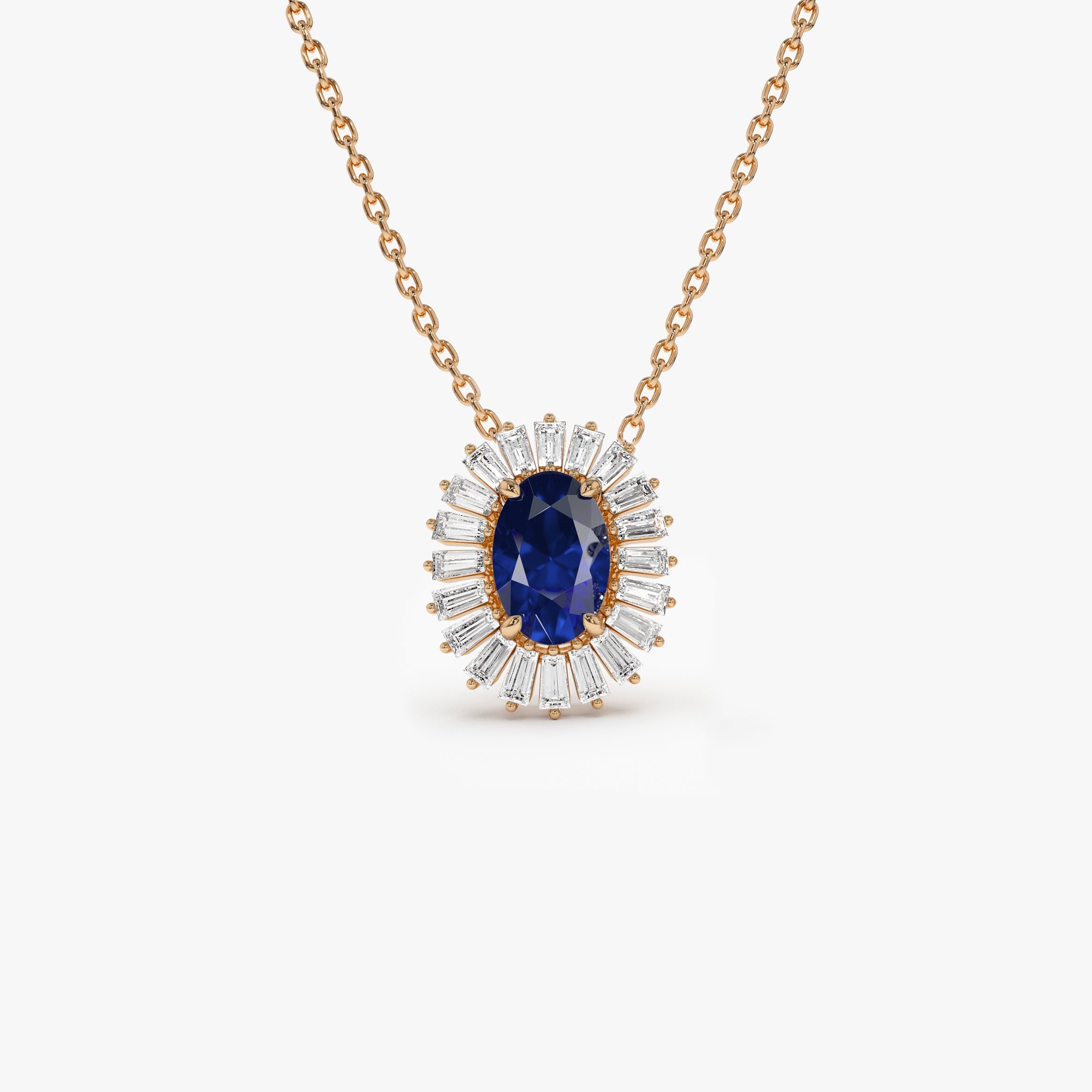 OBFJ1182 - 14k Oval Shape Sapphire with Baguette Halo Setting Necklace 5