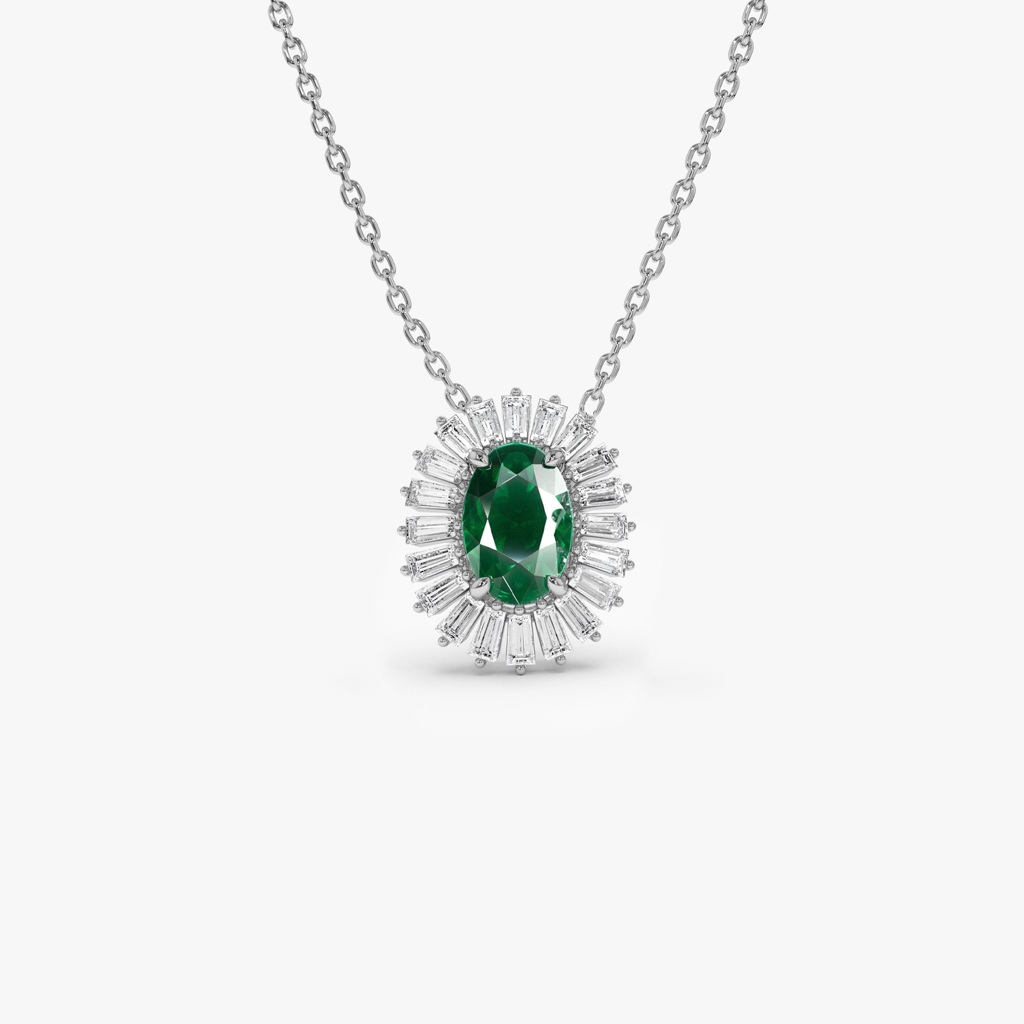 OBFJ1206 - 14k Oval Shape Emerald with Baguette Halo Setting Necklace 6
