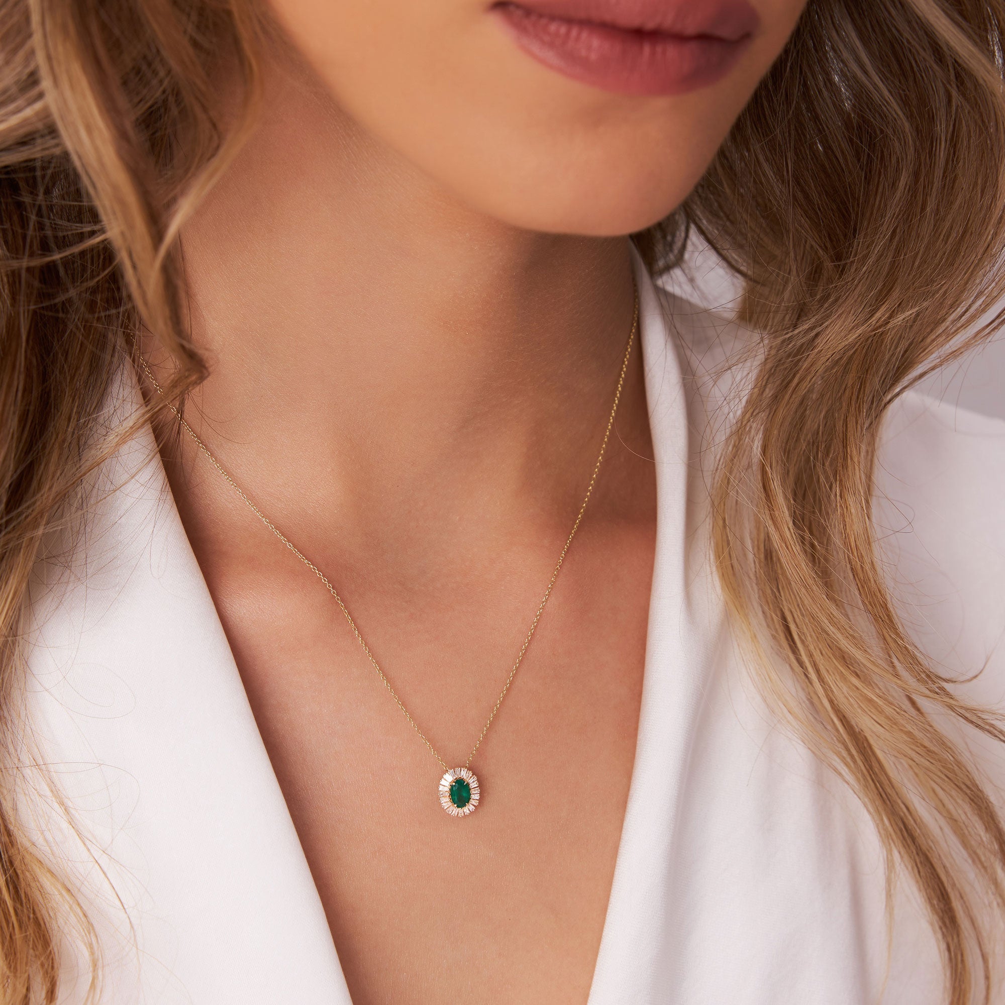 OBFJ1206 - 14k Oval Shape Emerald with Baguette Halo Setting Necklace 3