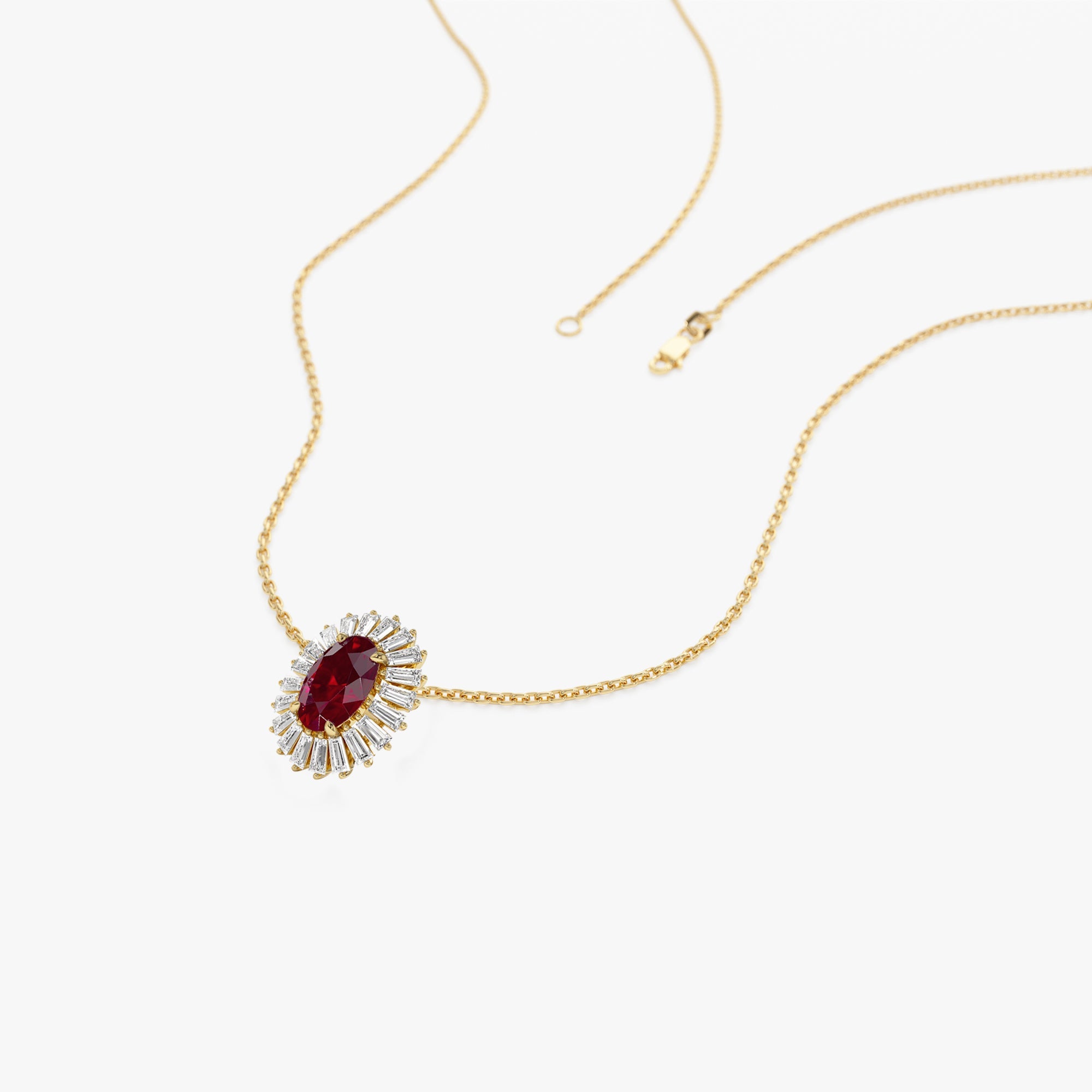 OBFJ1183 - 14k Oval Shape Ruby with Baguette Halo Setting Necklace 7