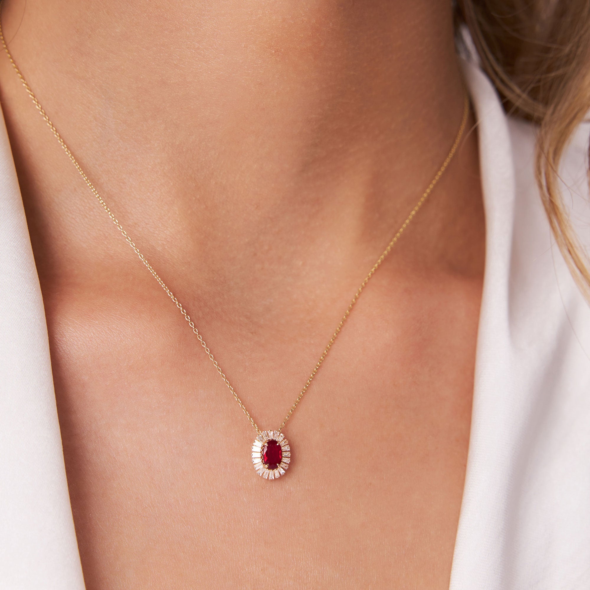 OBFJ1183 - 14k Oval Shape Ruby with Baguette Halo Setting Necklace 4