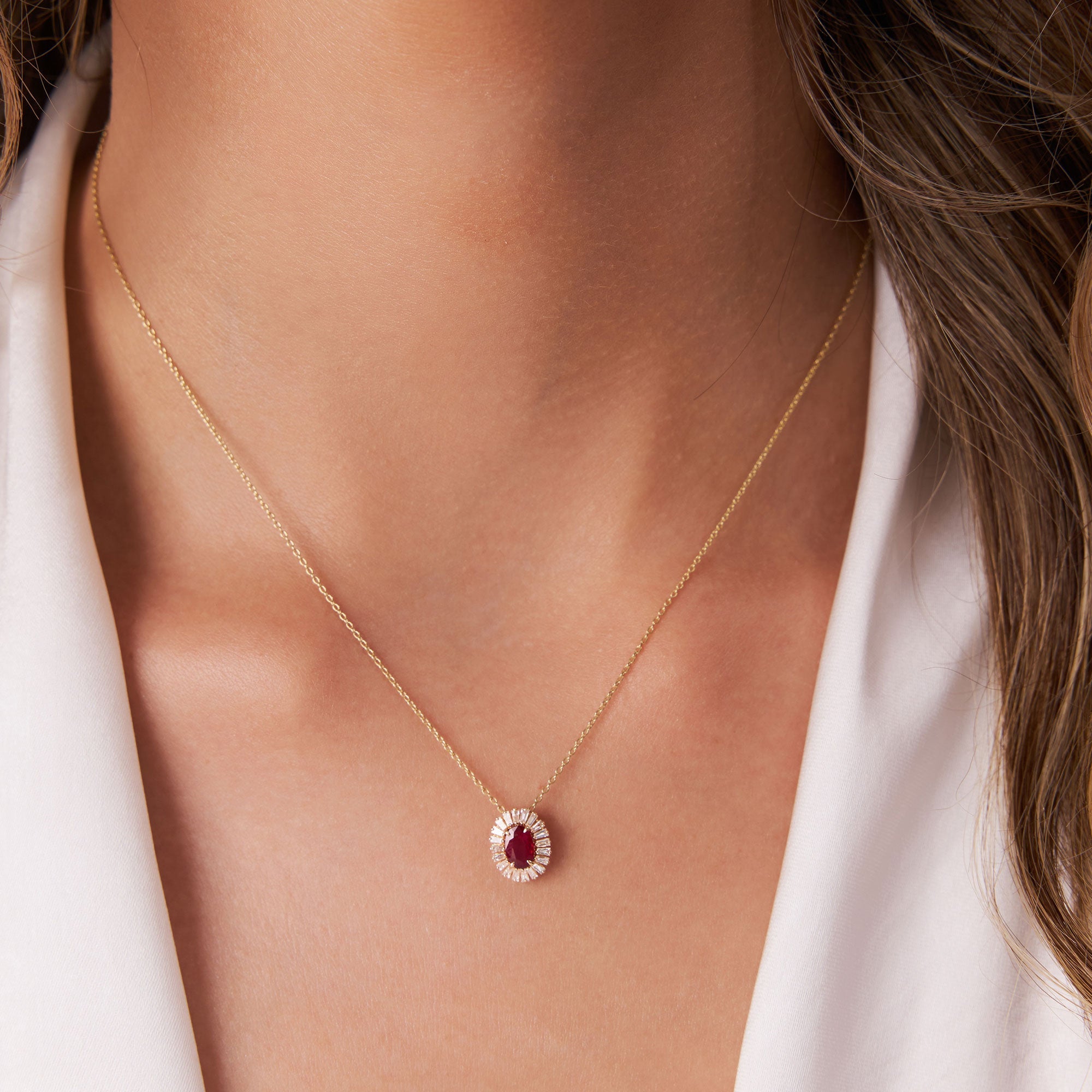 OBFJ1183 - 14k Oval Shape Ruby with Baguette Halo Setting Necklace 3