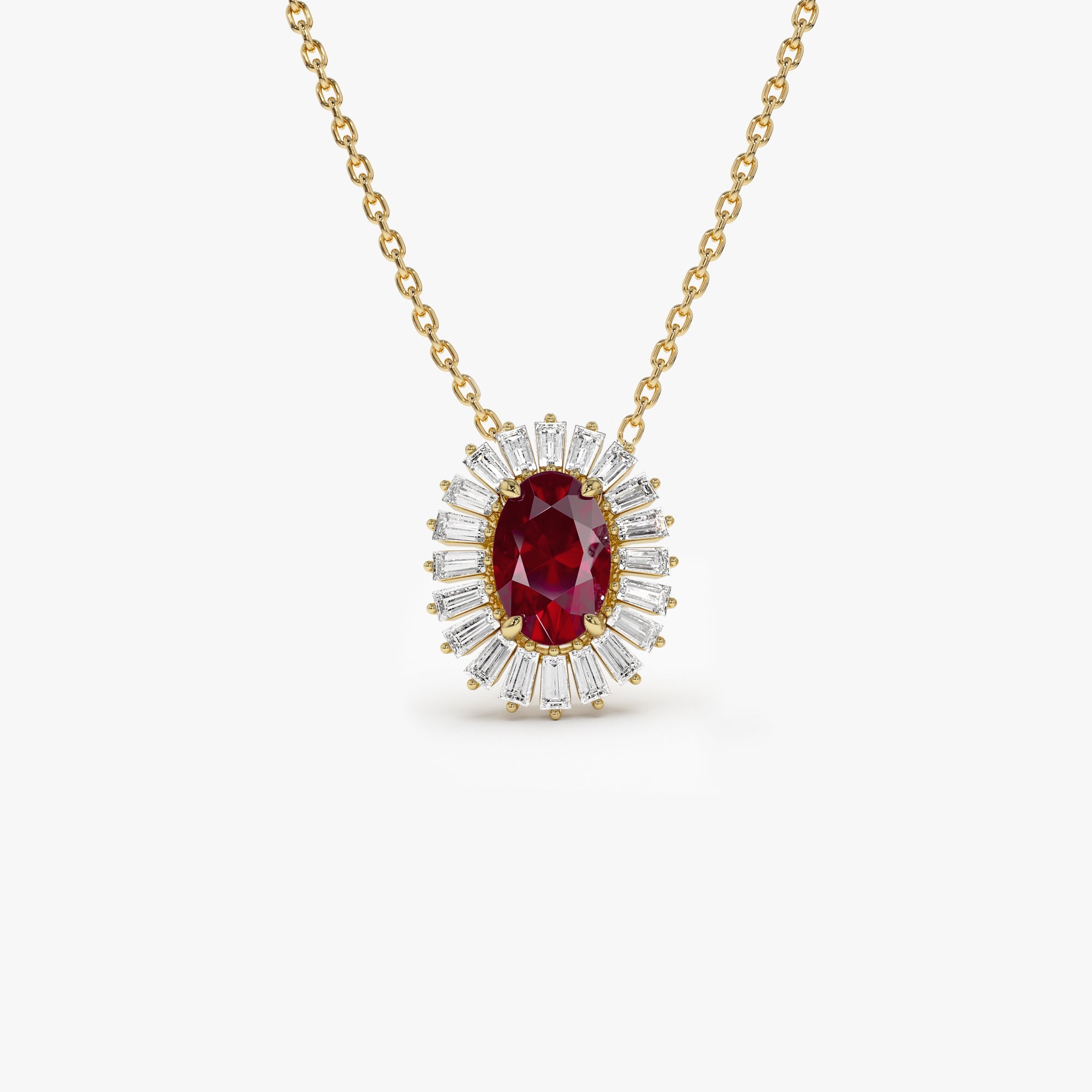 OBFJ1183 - 14k Oval Shape Ruby with Baguette Halo Setting Necklace 1
