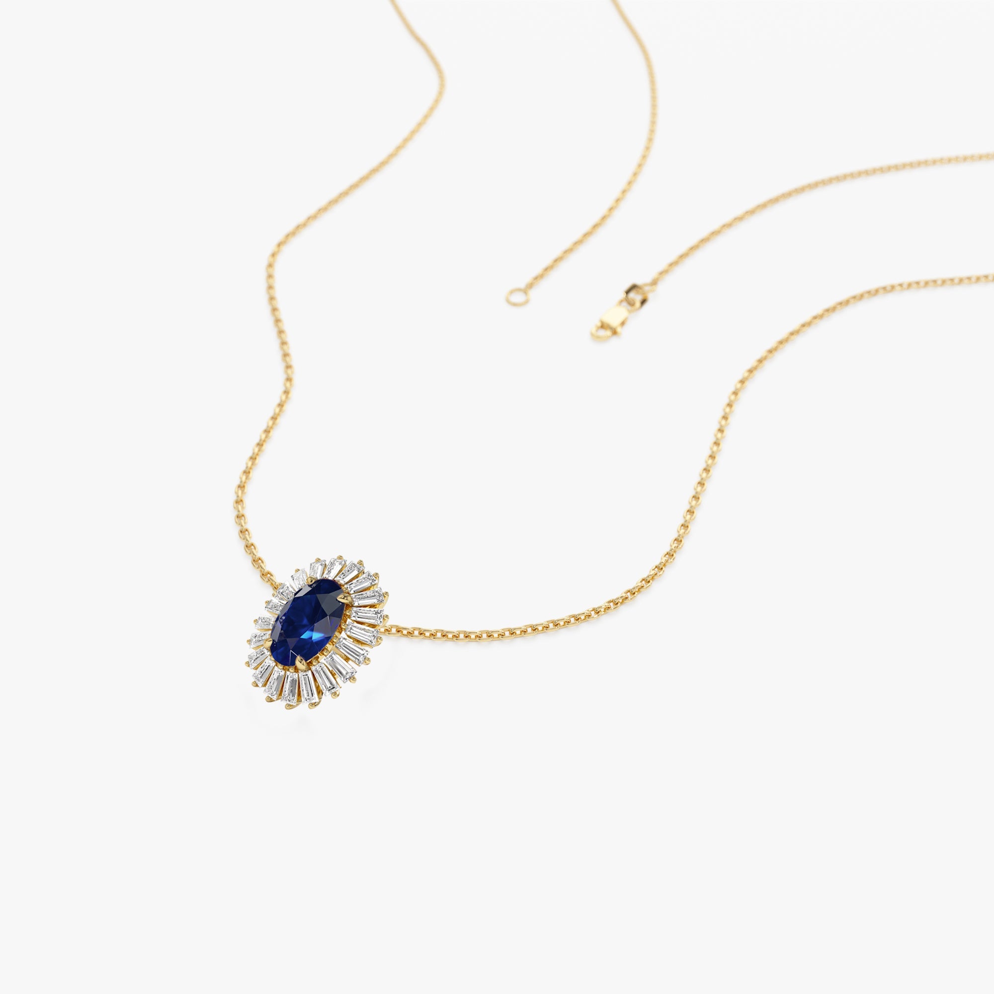 OBFJ1182 - 14k Oval Shape Sapphire with Baguette Halo Setting Necklace 7