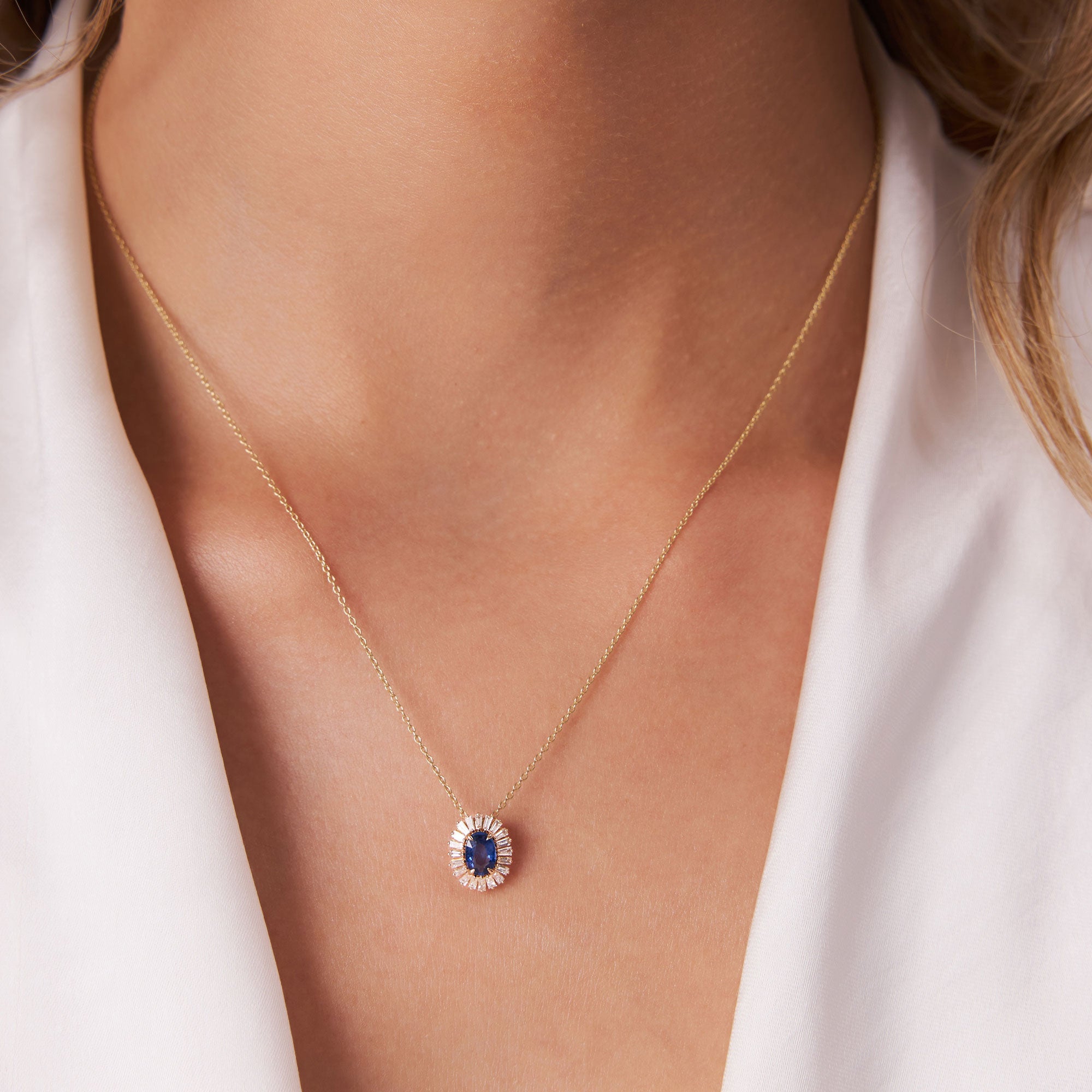 OBFJ1182 - 14k Oval Shape Sapphire with Baguette Halo Setting Necklace 3