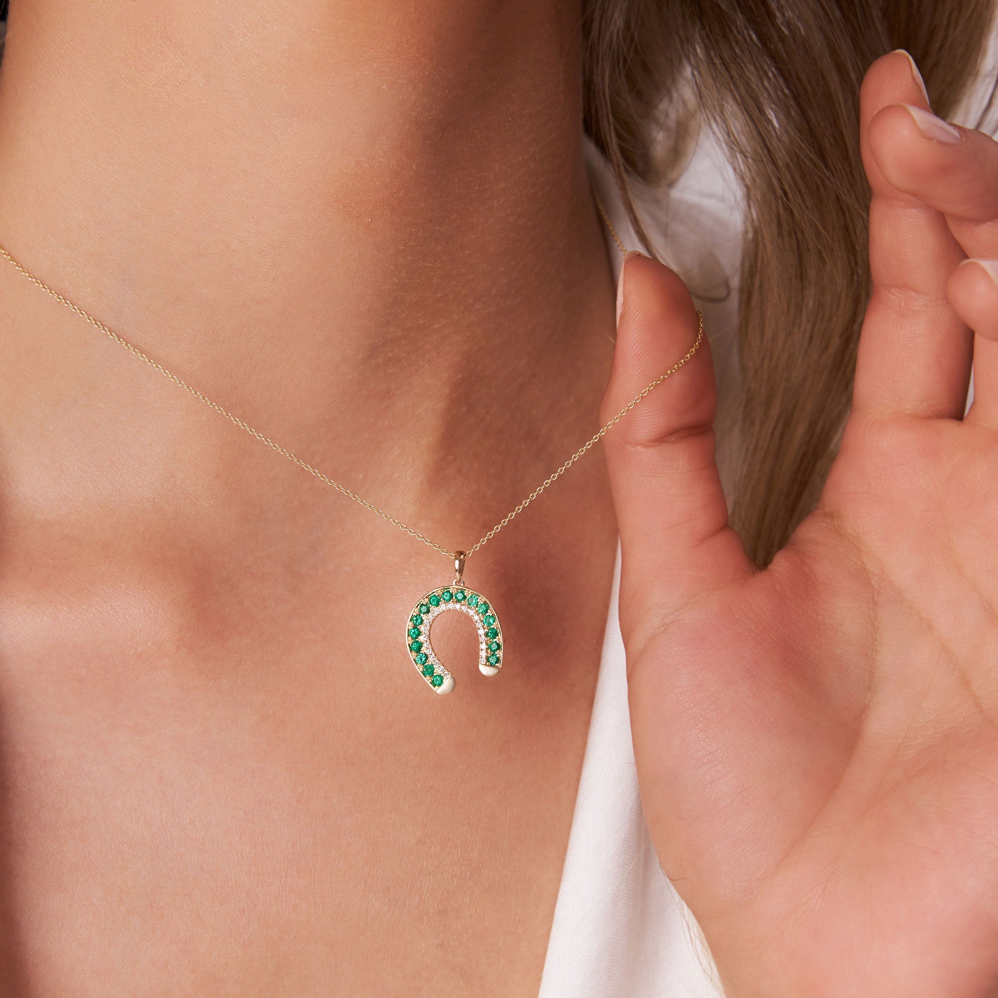 OBFJ1227 - 14k Emerald and Diamond Horseshoe Pendant 2