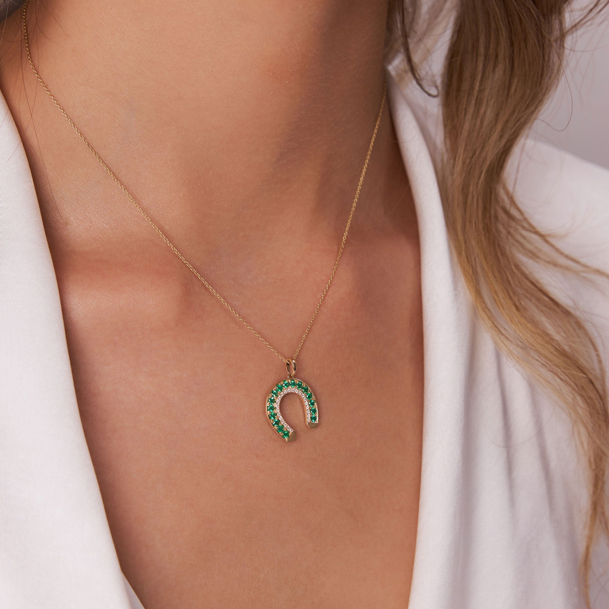 OBFJ1227 - 14k Emerald and Diamond Horseshoe Pendant 4