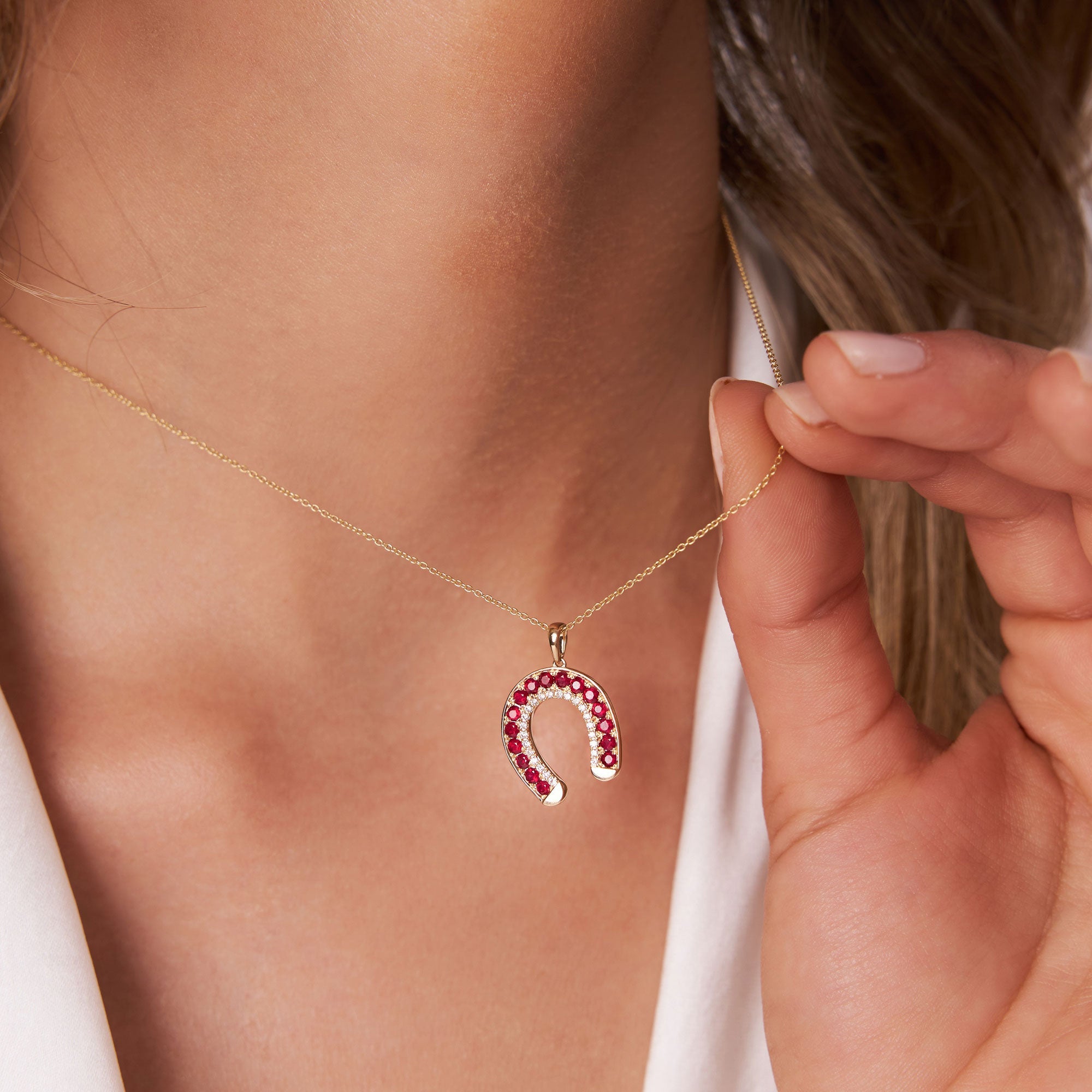 OBFJ1189 - 14k Ruby and Diamond Horseshoe Pendant 2