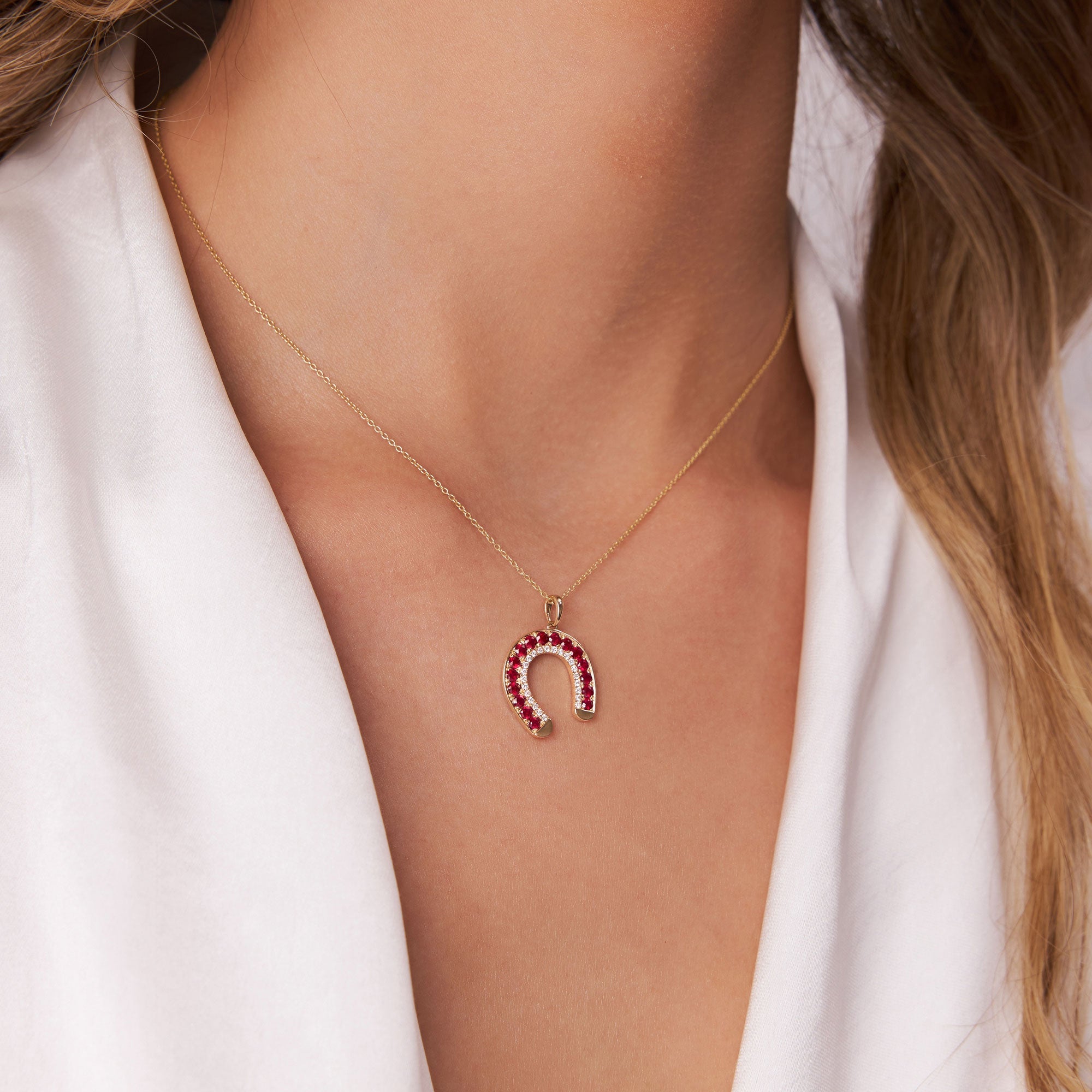 OBFJ1189 - 14k Ruby and Diamond Horseshoe Pendant 3