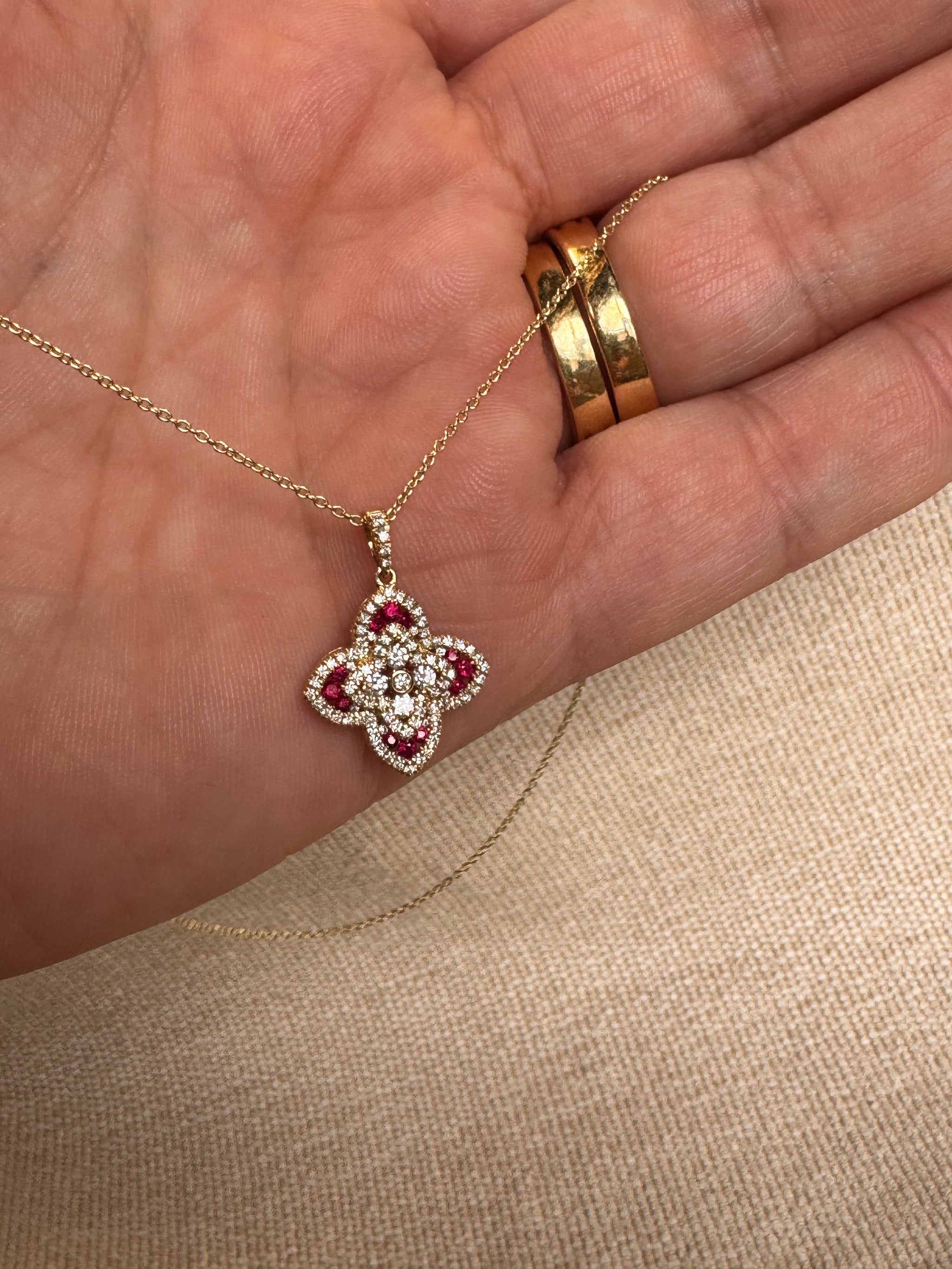 OBFJ0059 - 14k Gold Diamond and Ruby Flower Charm 6