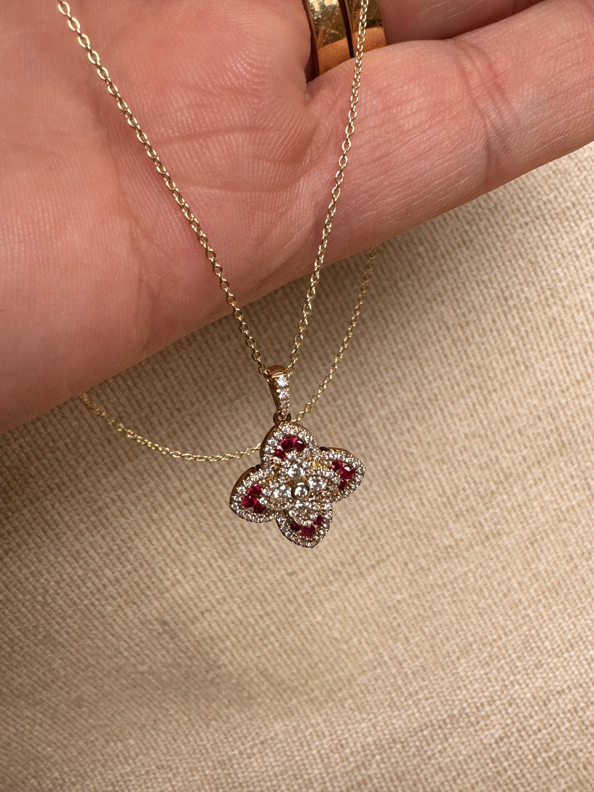 OBFJ0059 - 14k Gold Diamond and Ruby Flower Charm 7