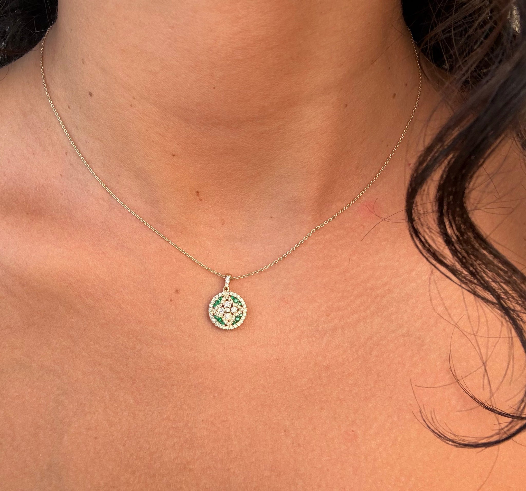 OBFJ0058 - 14k Gold Emerald and Diamond Floral Design Necklace 8