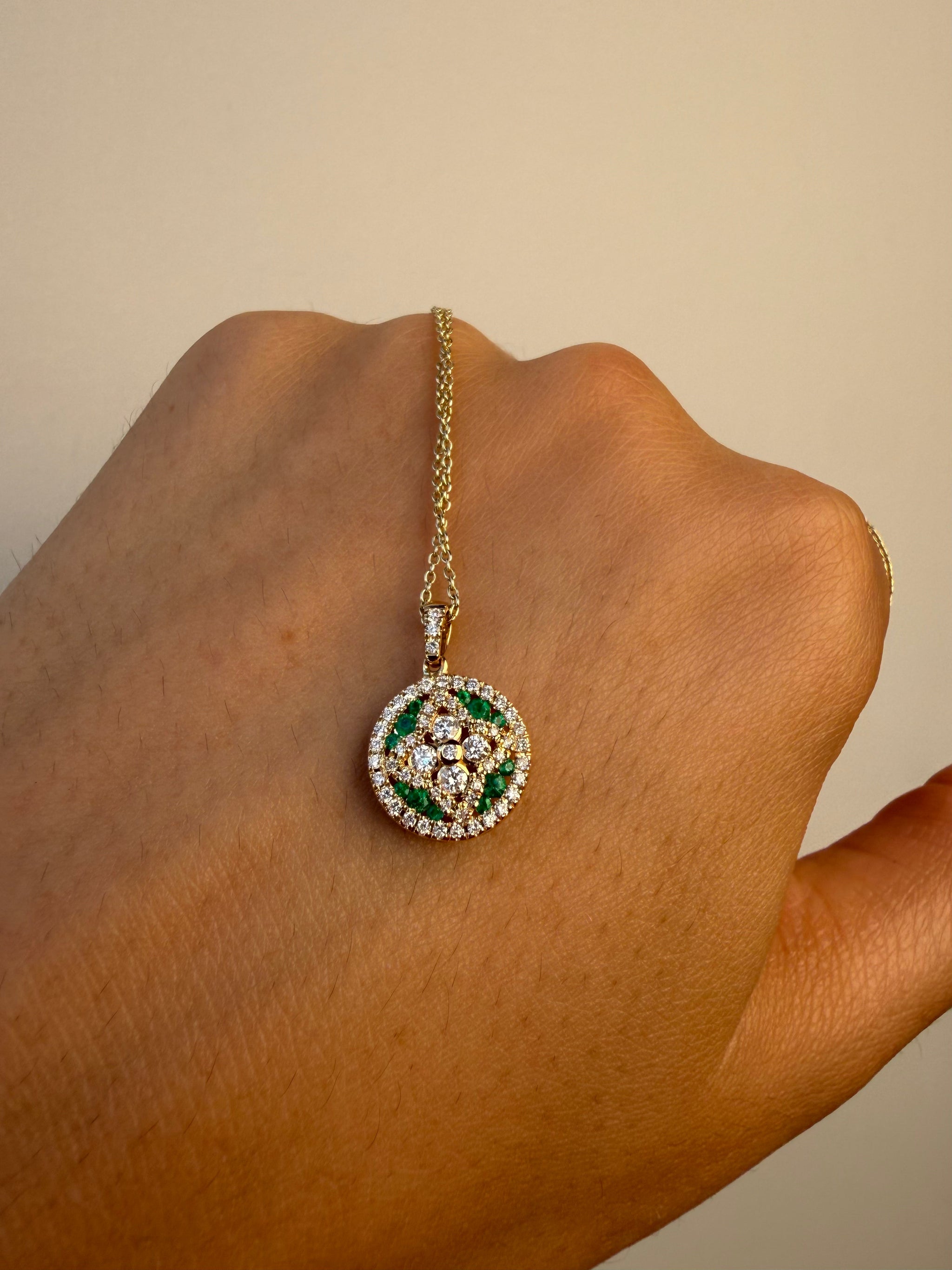 OBFJ0058 - 14k Gold Emerald and Diamond Floral Design Necklace 5