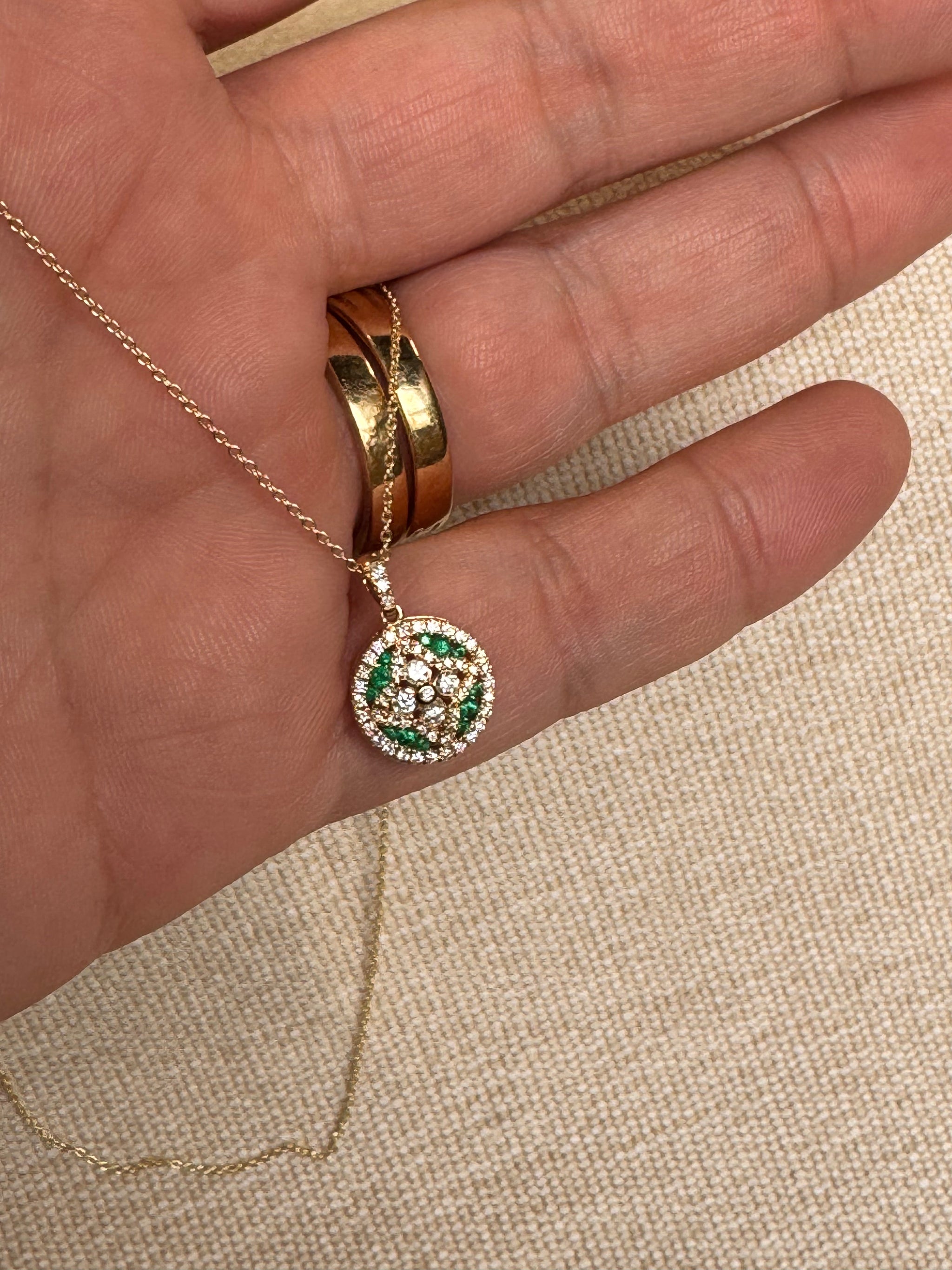 OBFJ0058 - 14k Gold Emerald and Diamond Floral Design Necklace 6