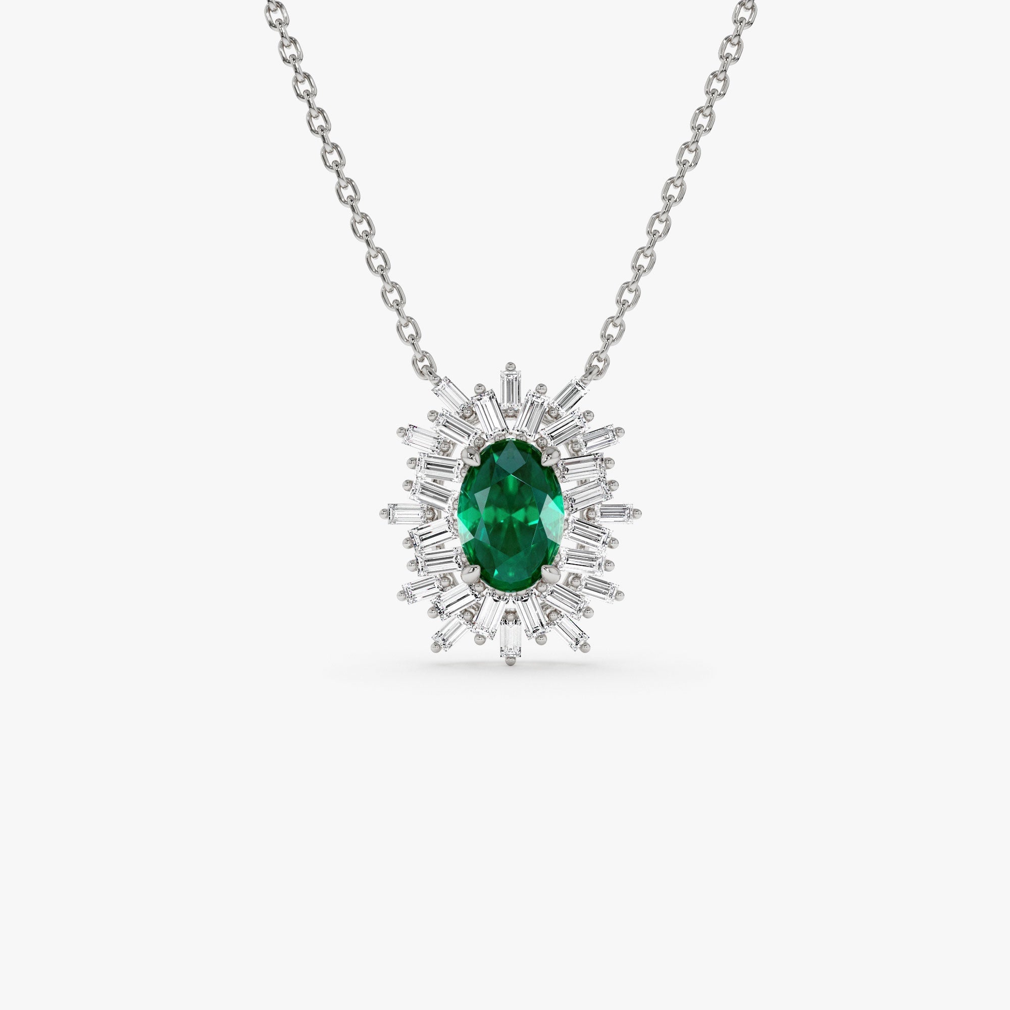 OBFJ1217 - 14k Oval Shape Emerald Necklace with Ballerina Baguettes 6