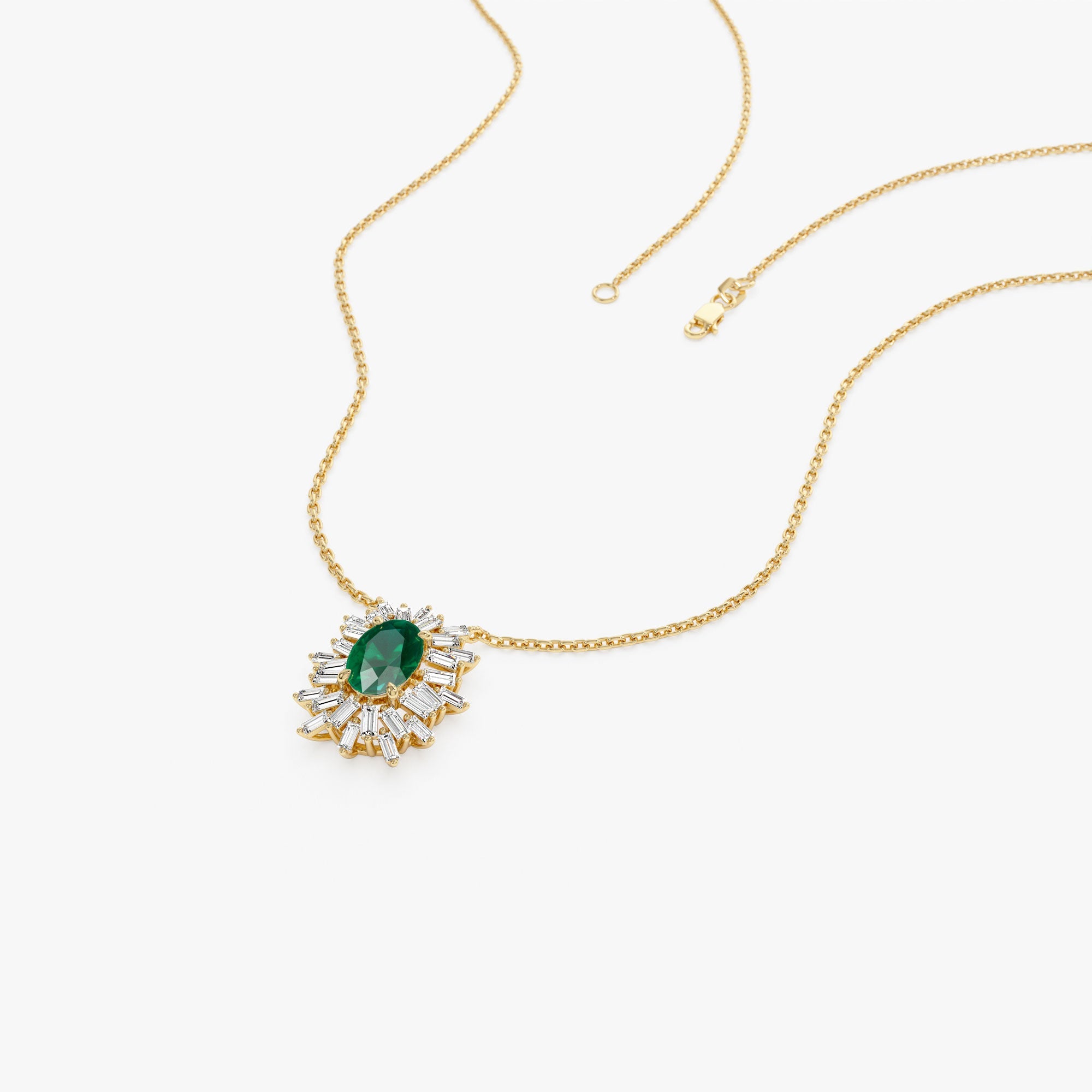 OBFJ1217 - 14k Oval Shape Emerald Necklace with Ballerina Baguettes 7