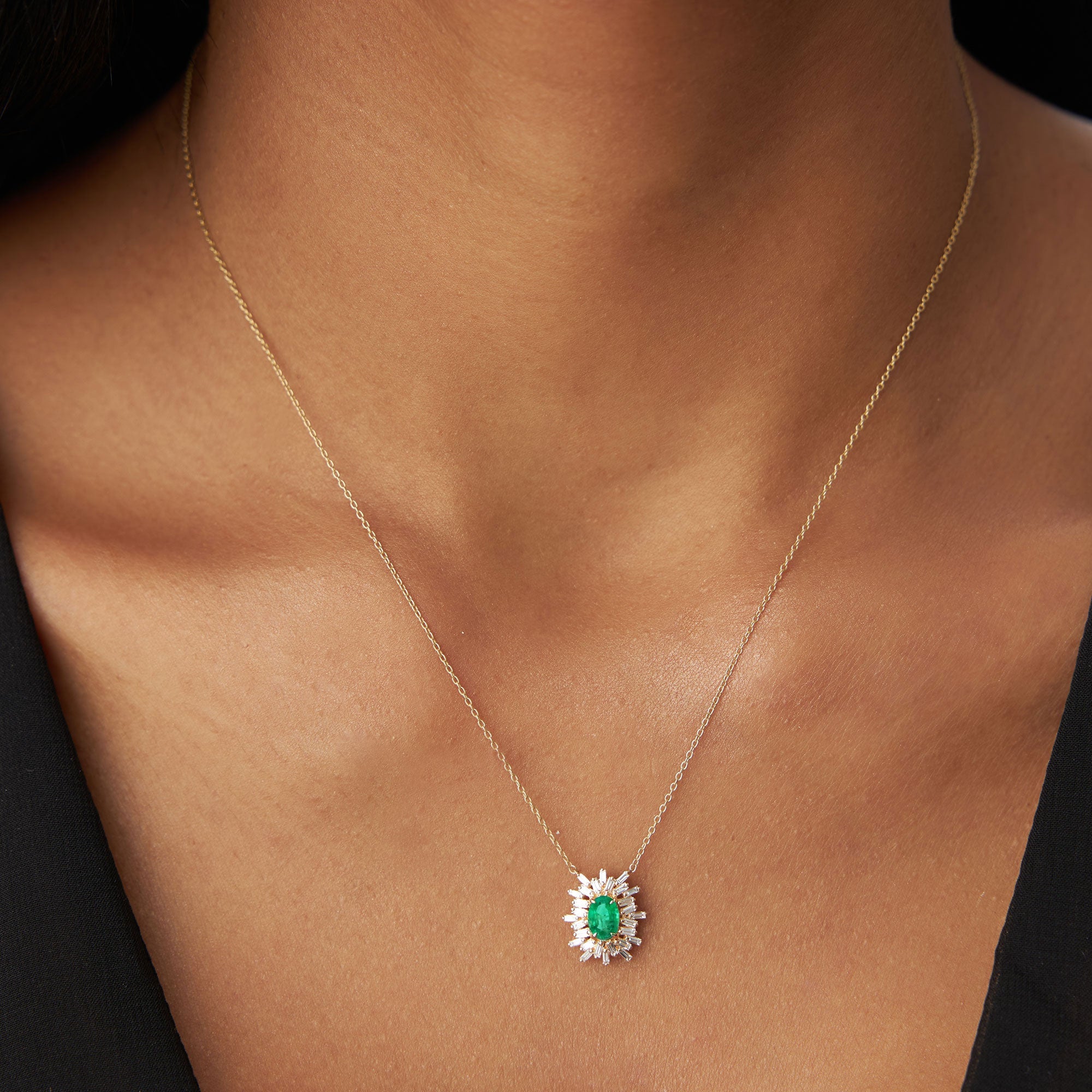OBFJ1217 - 14k Oval Shape Emerald Necklace with Ballerina Baguettes 4
