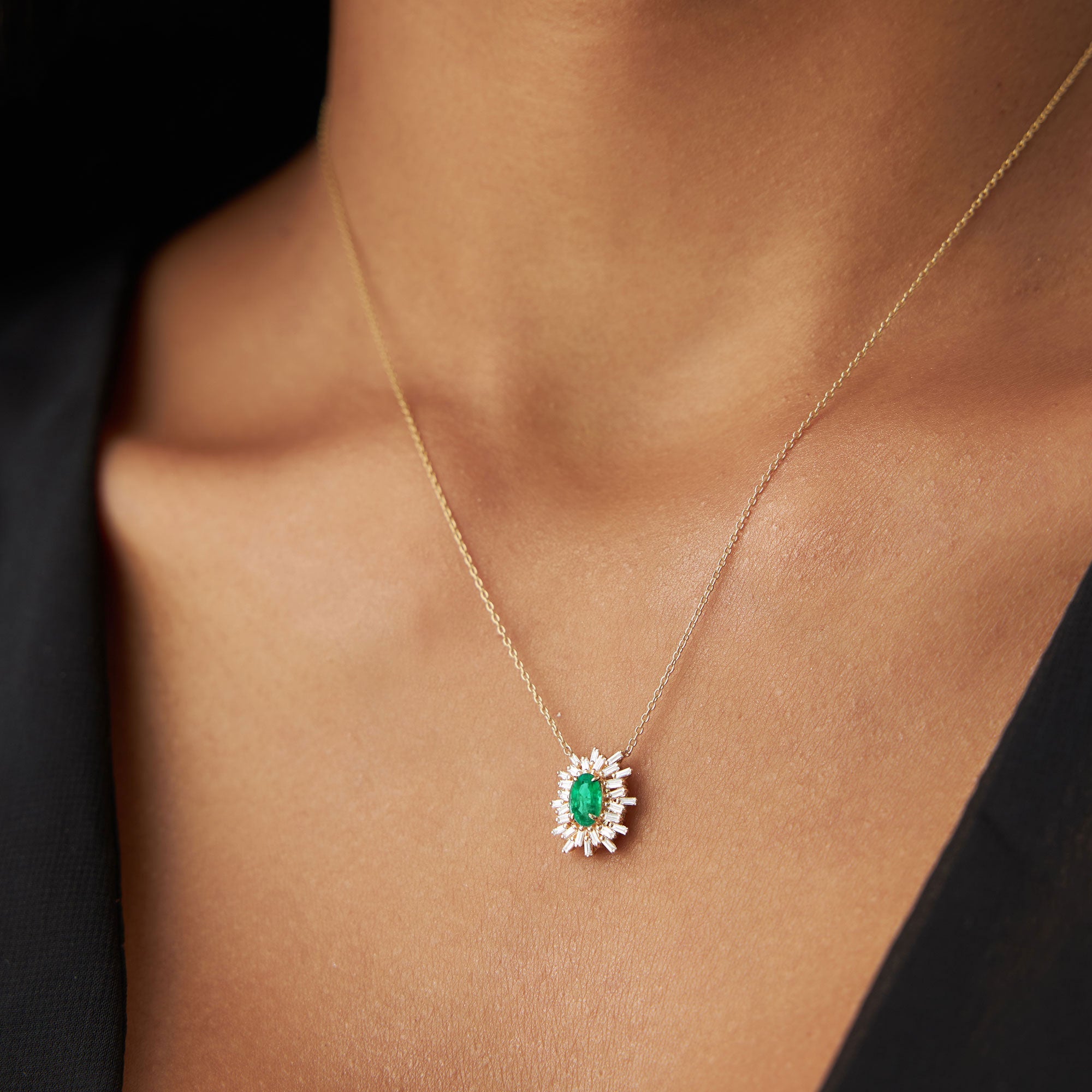 OBFJ1217 - 14k Oval Shape Emerald Necklace with Ballerina Baguettes 5