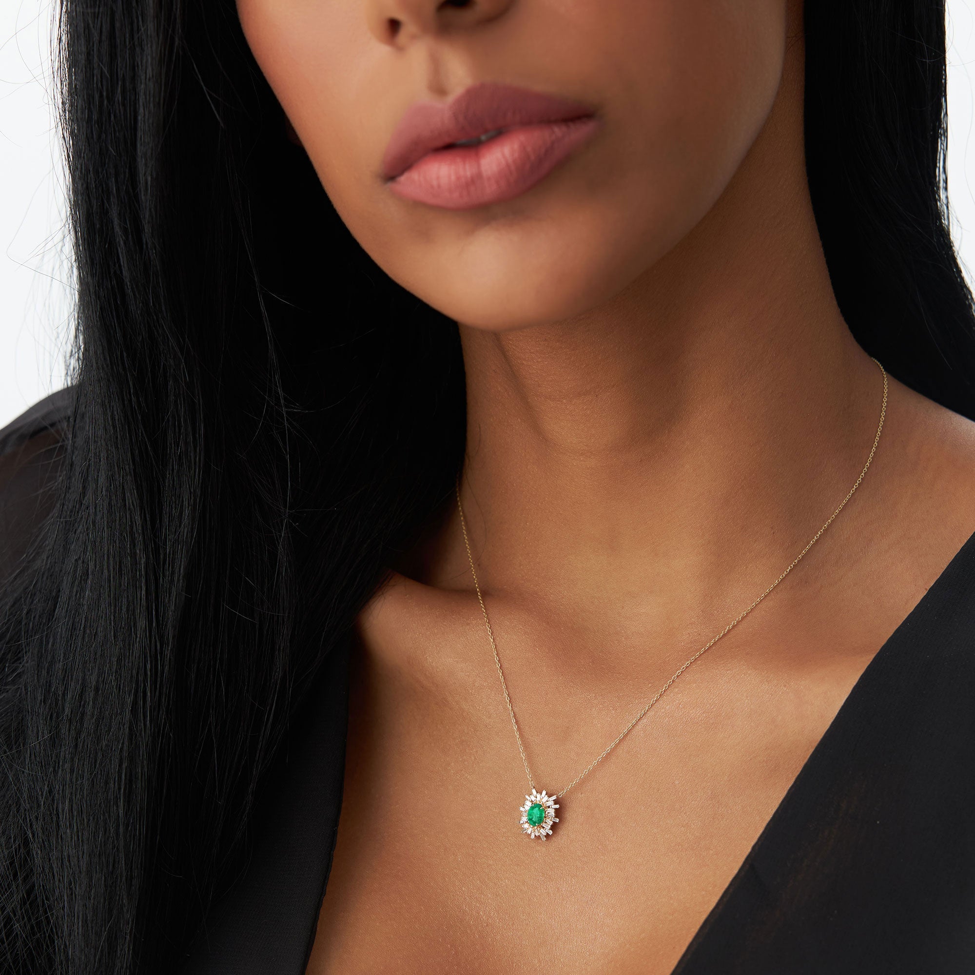 OBFJ1217 - 14k Oval Shape Emerald Necklace with Ballerina Baguettes 3