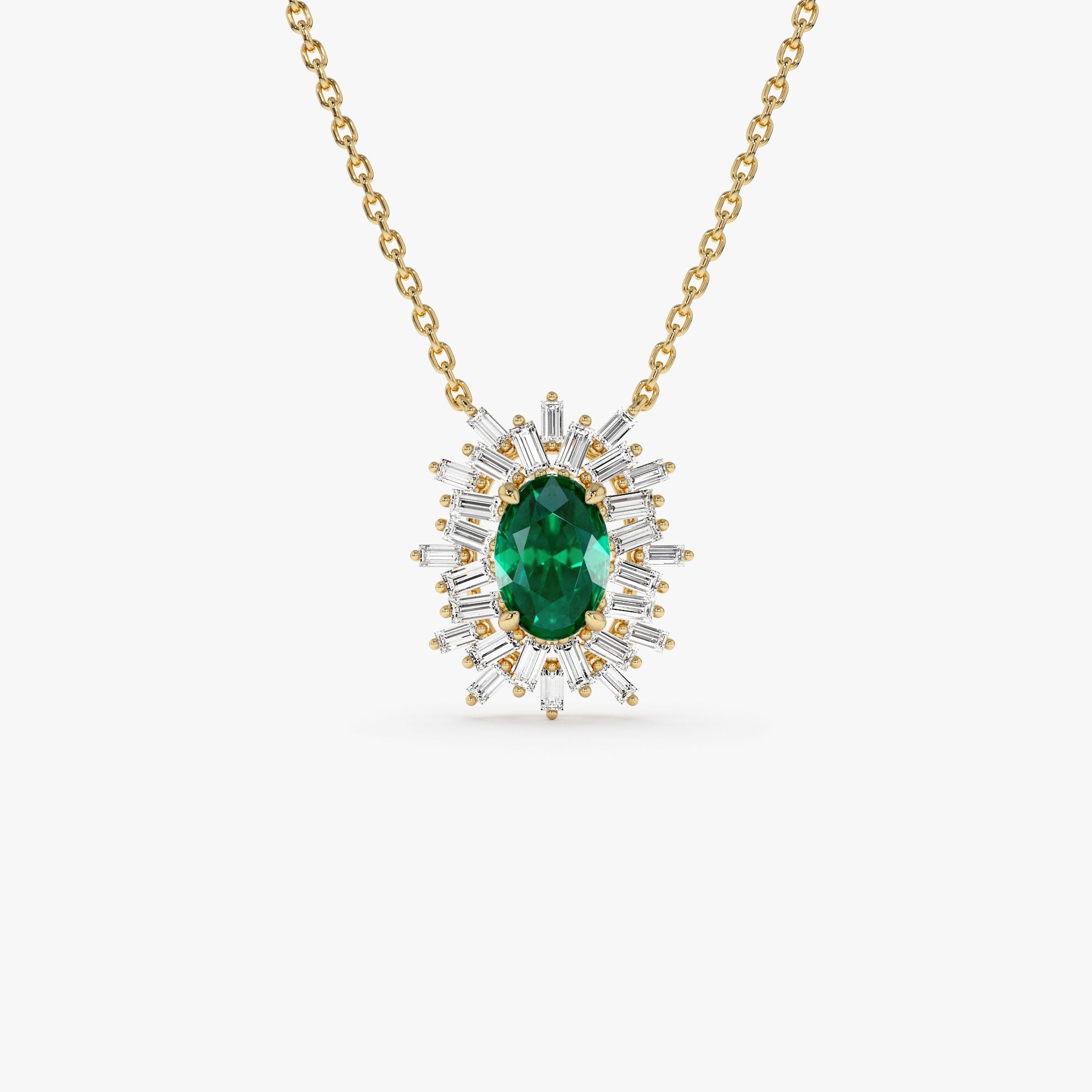 OBFJ1217 - 14k Oval Shape Emerald Necklace with Ballerina Baguettes 1