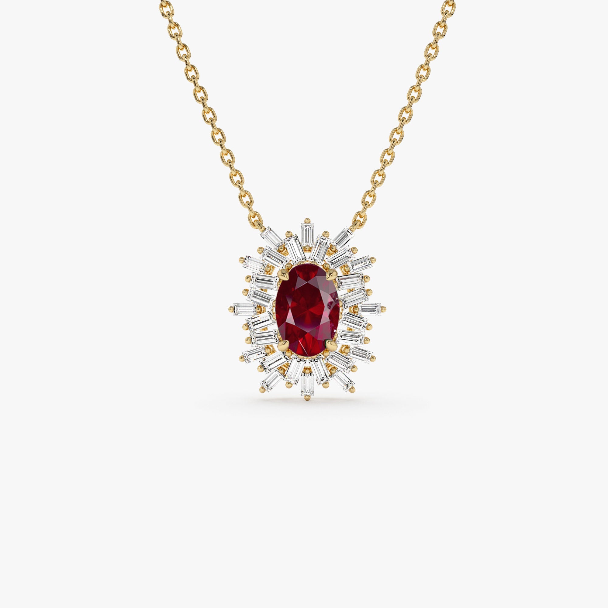 OBFJ1216 - 14k Oval Shape Ruby Necklace with Ballerina Baguettes 1