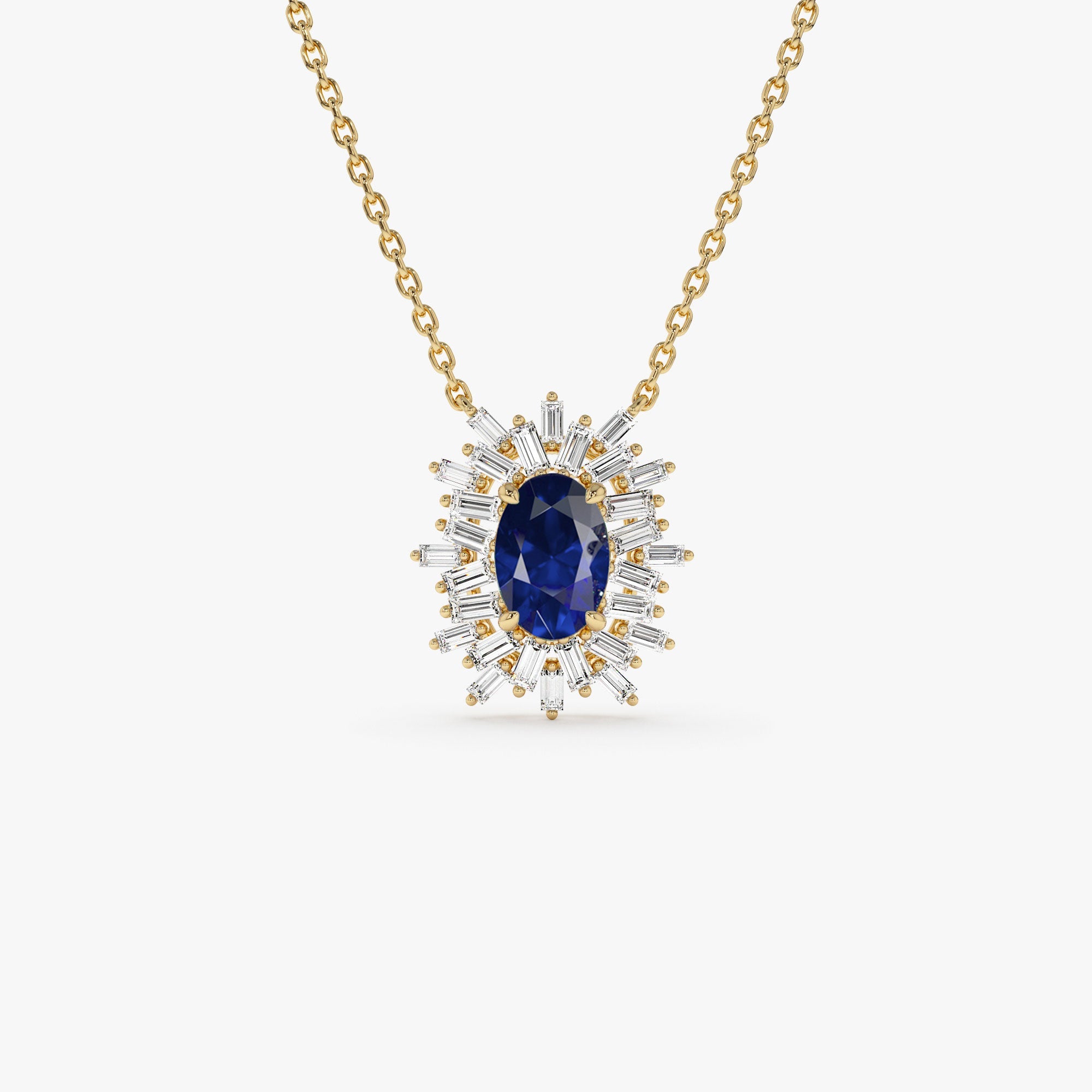 OBFJ1184 - 14k Oval Shape Sapphire Necklace with Ballerina Baguettes 1