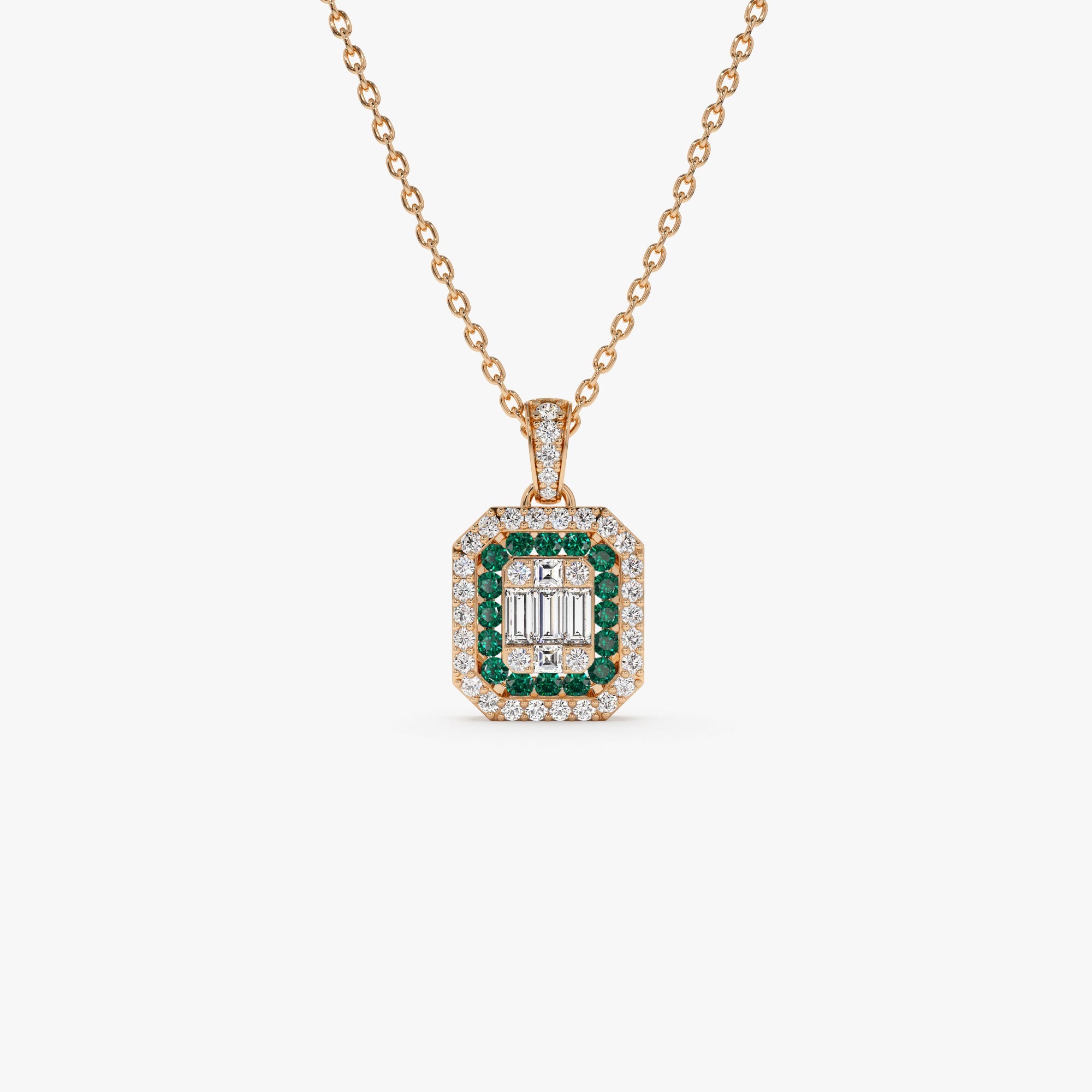 OBFJ1104 - 14k Baguette and Round Emerald Necklace with Halo Setting 4
