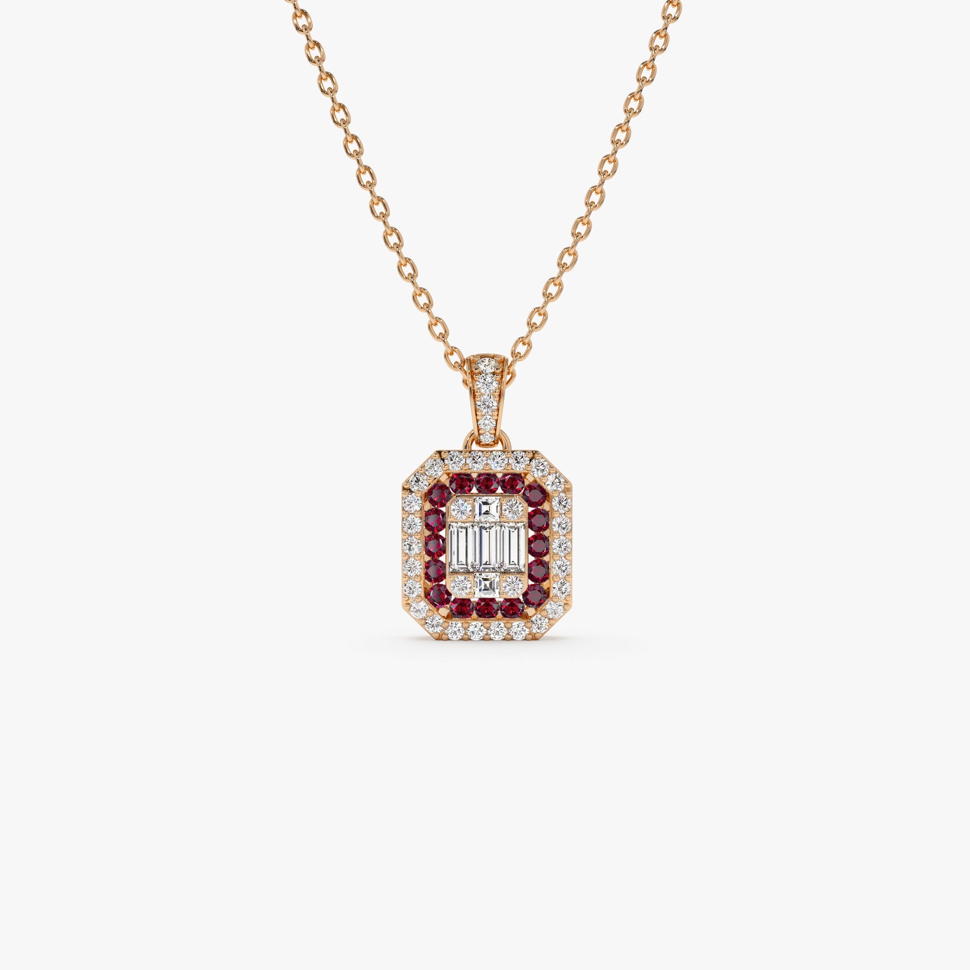 OBFJ1103 - 14k Baguette and Round Ruby Necklace with Halo Setting 4