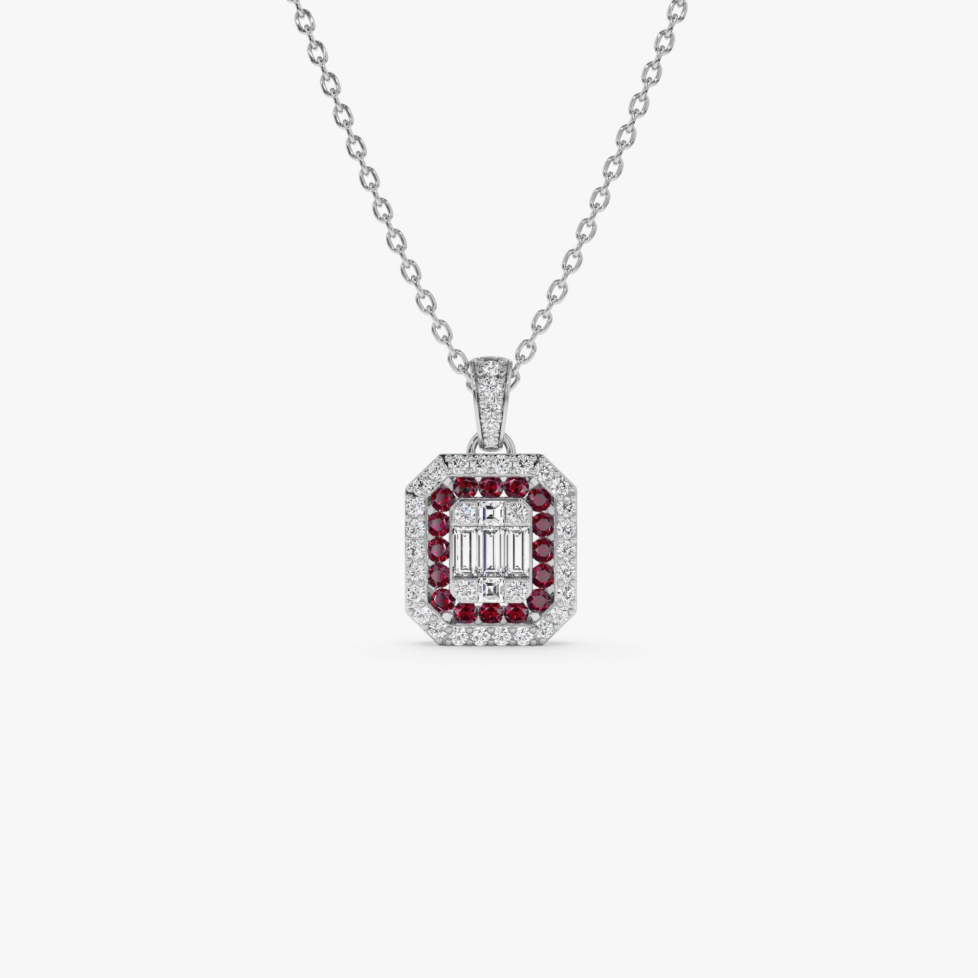 OBFJ1103 - 14k Baguette and Round Ruby Necklace with Halo Setting 5