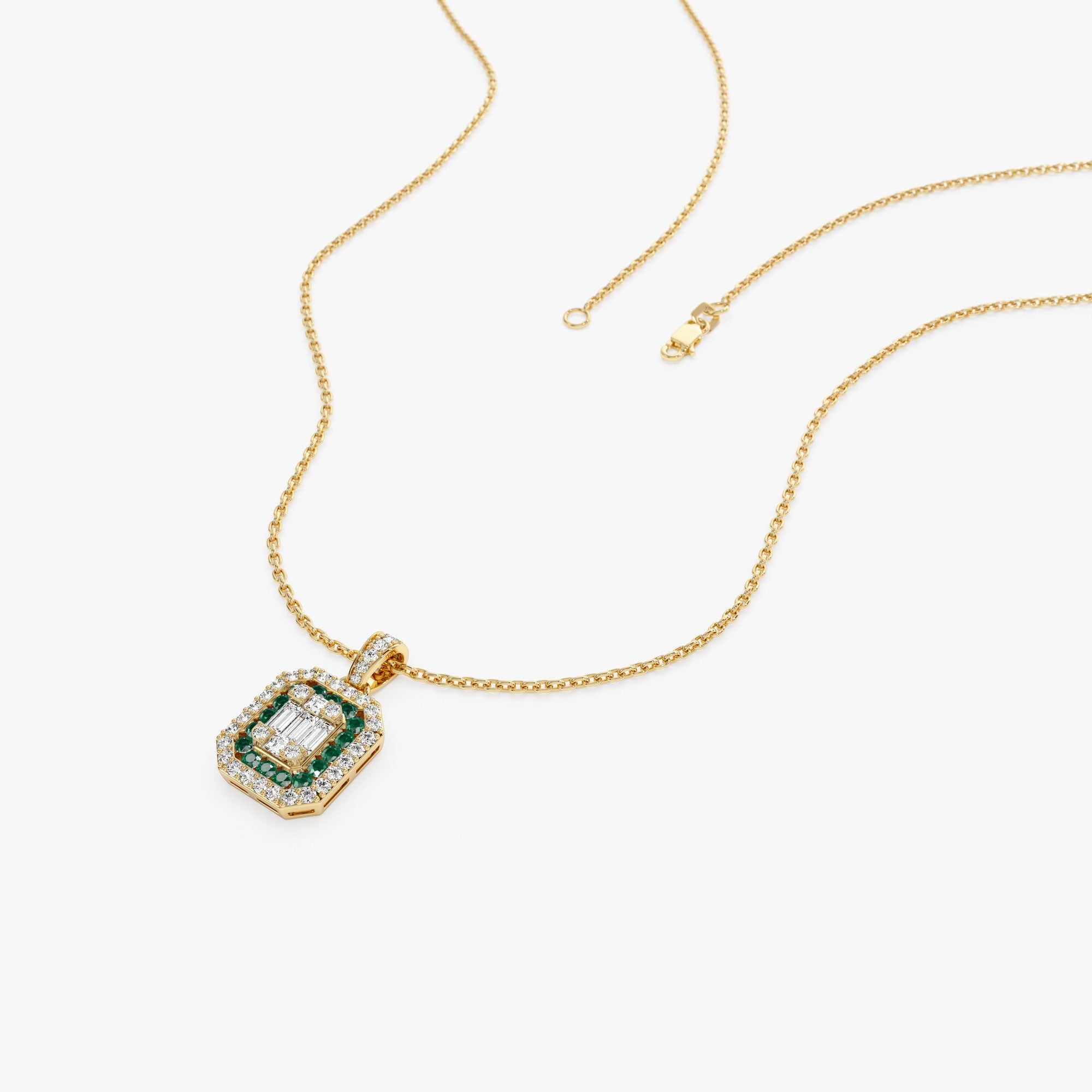 OBFJ1104 - 14k Baguette and Round Emerald Necklace with Halo Setting 6
