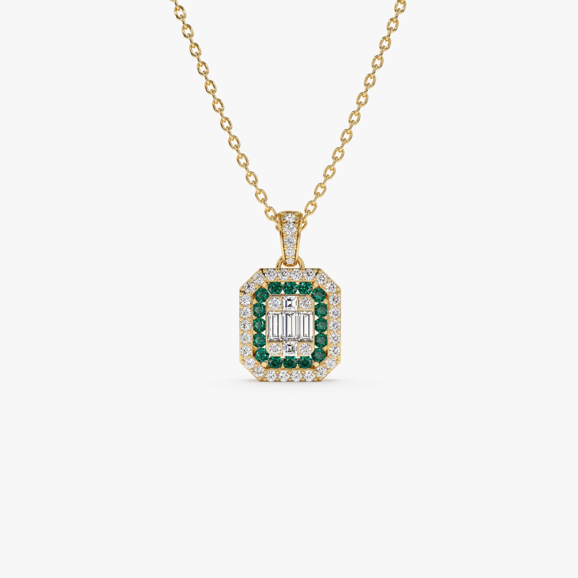 OBFJ1104 - 14k Baguette and Round Emerald Necklace with Halo Setting 1