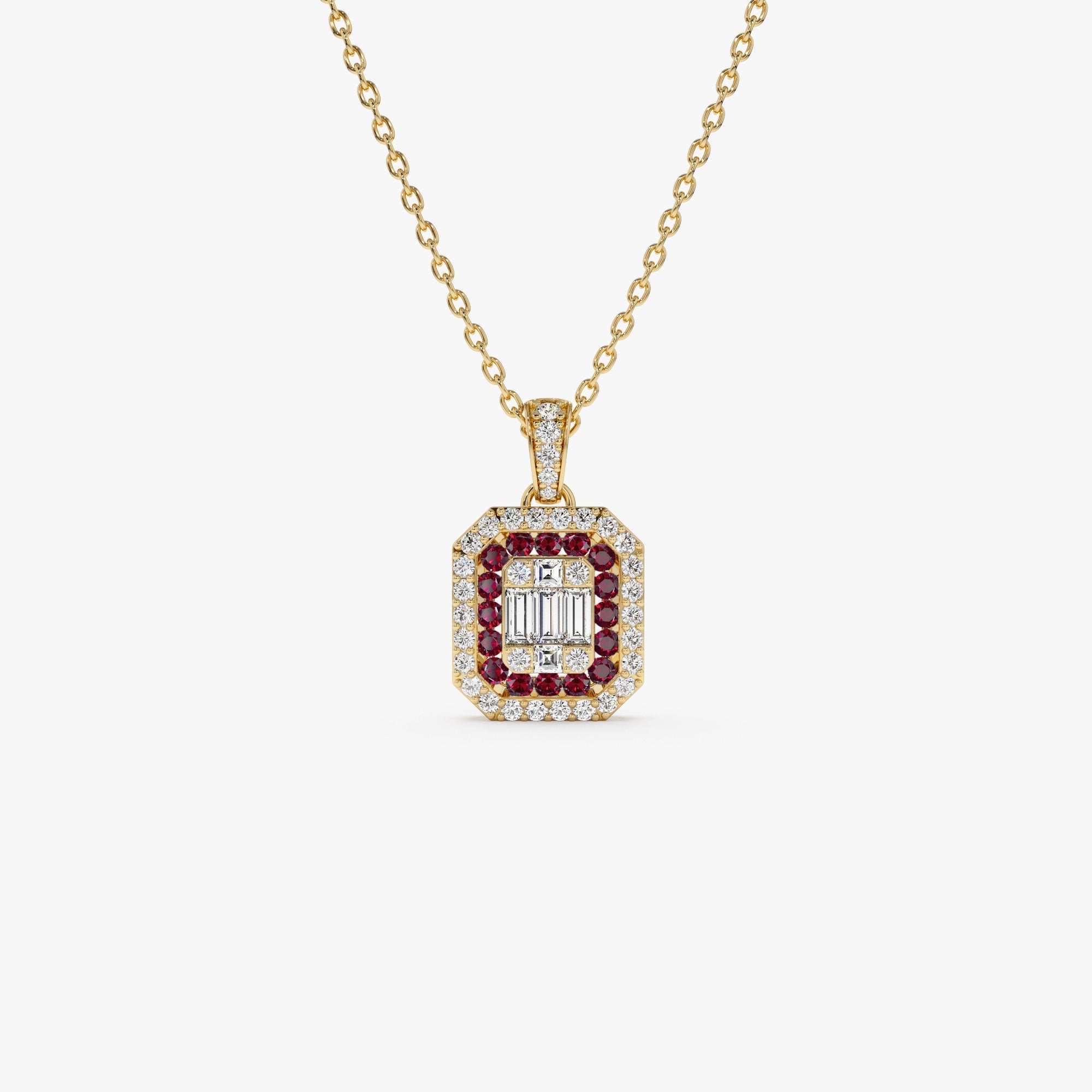 OBFJ1103 - 14k Baguette and Round Ruby Necklace with Halo Setting 1